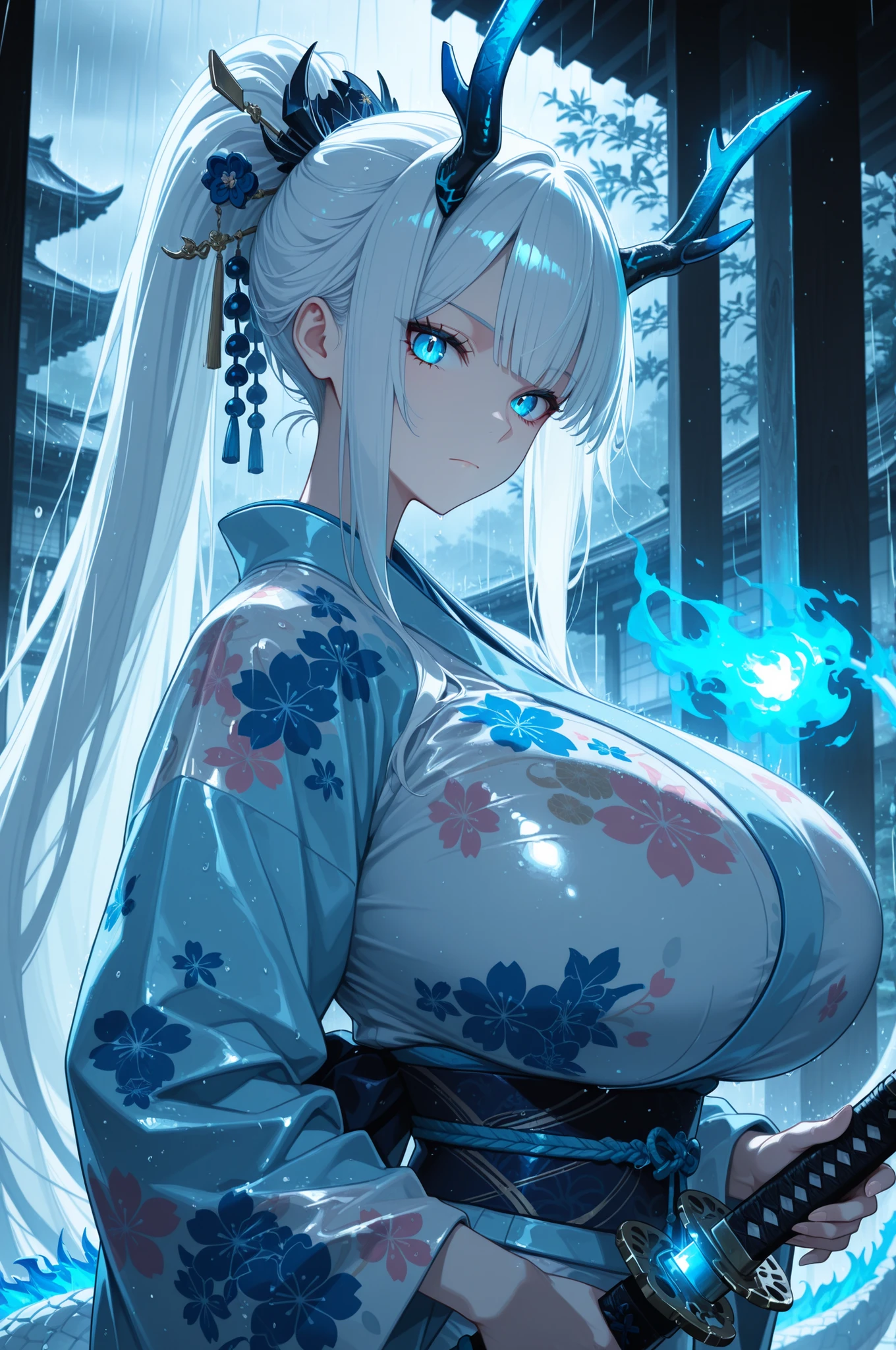 masterpiece,best quality,1girl,solo,absurdres,
1girl,weapon,sword,blue eyes,solo,horns,japanese clothes,kimono,tail,katana,ponytail,white hair,looking at viewer,rain,bangs,hair ornament,glowing,sash,dragon girl,long sleeves,floral print,dragon tail,closed mouth,obi,blue fire,long hair,dragon horns,wide sleeves,
upper body, gigantic breasts