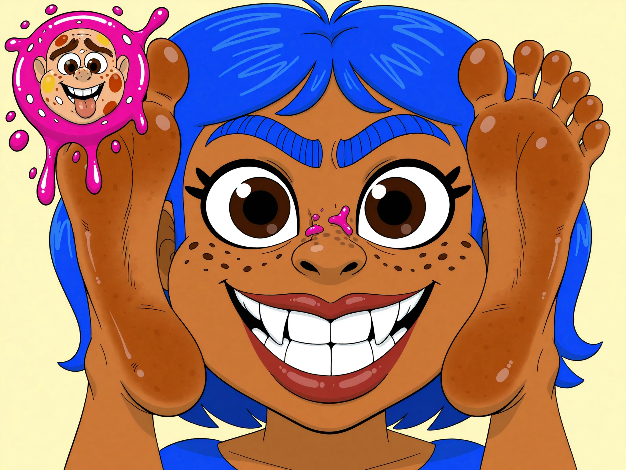 nose, lips, 1girl, teeth, tooth, skin dentation, detailed skin, 1female, perfect, bright eyes, hair, eyes, eyebrows, neck, gums, mole, shows large crooked teeth, smile. red lips, freckled cheeks, freckles,  on freckles, body freckles, 1boy, feet, foot, toes, cartoony, body horror, 1male, spot, spots, body, burst, blob, oil, male, female, unibrow, monobrow, natural, bushy, cheeks, chin, nostrils, plump lips, natural, hairstyles, splat, splatter, tongue, tongue out, stain, messy, malebody, brief, curlyhair, big, top, shoulder, arms, , tan, skin condition, bumps, red spots, yellow spots, bump, red bumps, red bump, yellow bumps, yellow bump, red spot, yellow spot, pimples, acne, zits, pimples on face, zits on face, acne on face, huge, ugly, massive, giant, gross, pimples burst, red, yellow, bodyacne, bodypimples, bodyzits, acnes burst, zits burst, pink eye, blue hair, eyelashes, blue unibrow, short hair, brown skin, weirdart, beauty, ear, ears, messy unibrow, face, brunette, brown eyes, brown unibrow, messy eyebrows,