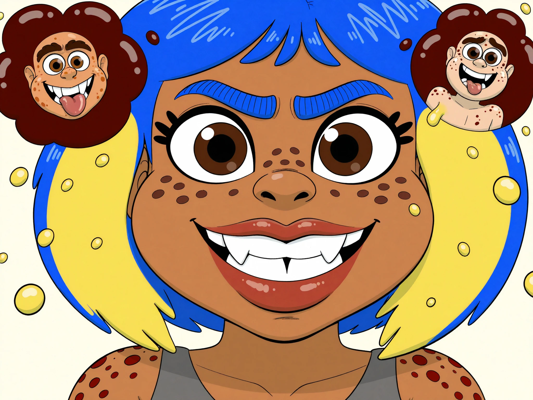 nose, lips, 1girl, teeth, tooth, skin dentation, detailed skin, 1female, perfect, bright eyes, hair, eyes, eyebrows, neck, gums, mole, shows large crooked teeth, smile. red lips, freckled cheeks, freckles, chest on freckles, body freckles, 1boy, feet, foot, toes, cartoony, body horror, 1male, spot, spots, body, burst, blob, oil, male, female, unibrow, monobrow, natural, bushy, cheeks, chin, nostrils, plump lips, natural, hairstyles, splat, splatter, tongue, tongue out, stain, messy, malebody, brief, curlyhair, big, top, shoulder, arms, chest, tan, skin condition, bumps, red spots, yellow spots, bump, red bumps, red bump, yellow bumps, yellow bump, red spot, yellow spot, pimples, acne, zits, pimples on face, zits on face, acne on face, huge, ugly, massive, giant, gross, pimples burst, red, yellow, bodyacne, bodypimples, bodyzits, acnes burst, zits burst, pink eye, blue hair, eyelashes, blue unibrow, short hair, brown skin, weirdart, beauty, ear, ears, messy unibrow, face, brunette, brown eyes, brown unibrow, messy eyebrows,
