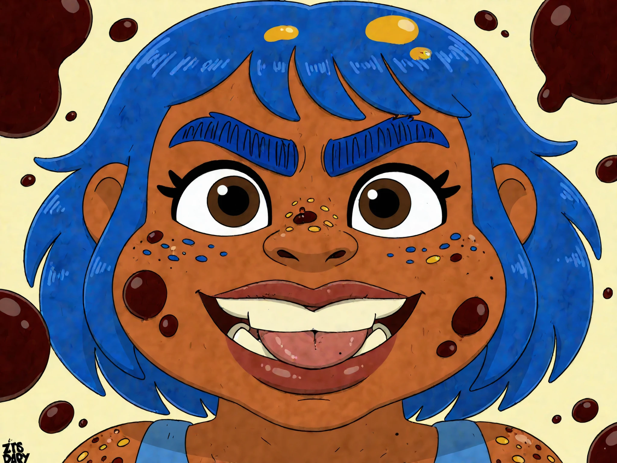 nose, lips, 1girl, teeth, tooth, skin dentation, detailed skin, 1female, perfect, bright eyes, hair, eyes, eyebrows, neck, gums, mole, shows large crooked teeth, smile. red lips, freckled cheeks, freckles, on freckles, body freckles, 1boy, feet, foot, toes, cartoony, body horror, 1male, spot, spots, body, burst, blob, oil, male, female, unibrow, monobrow, natural, bushy, cheeks, chin, nostrils, plump lips, natural, hairstyles, splat, splatter, tongue, tongue out, stain, messy, malebody, brief, curlyhair, big, top, shoulder, arms, , tan, skin condition, bumps, red spots, yellow spots, bump, red bumps, red bump, yellow bumps, yellow bump, red spot, yellow spot, pimples, acne, zits, pimples on face, zits on face, acne on face, huge, ugly, massive, giant, gross, pimples burst, red, yellow, bodyacne, bodypimples, bodyzits, acnes burst, zits burst, pink eye, blue hair, eyelashes, blue unibrow, short hair, brown skin, weirdart, beauty, ear, ears, messy unibrow, face, brunette, brown eyes, brown unibrow, messy eyebrows,