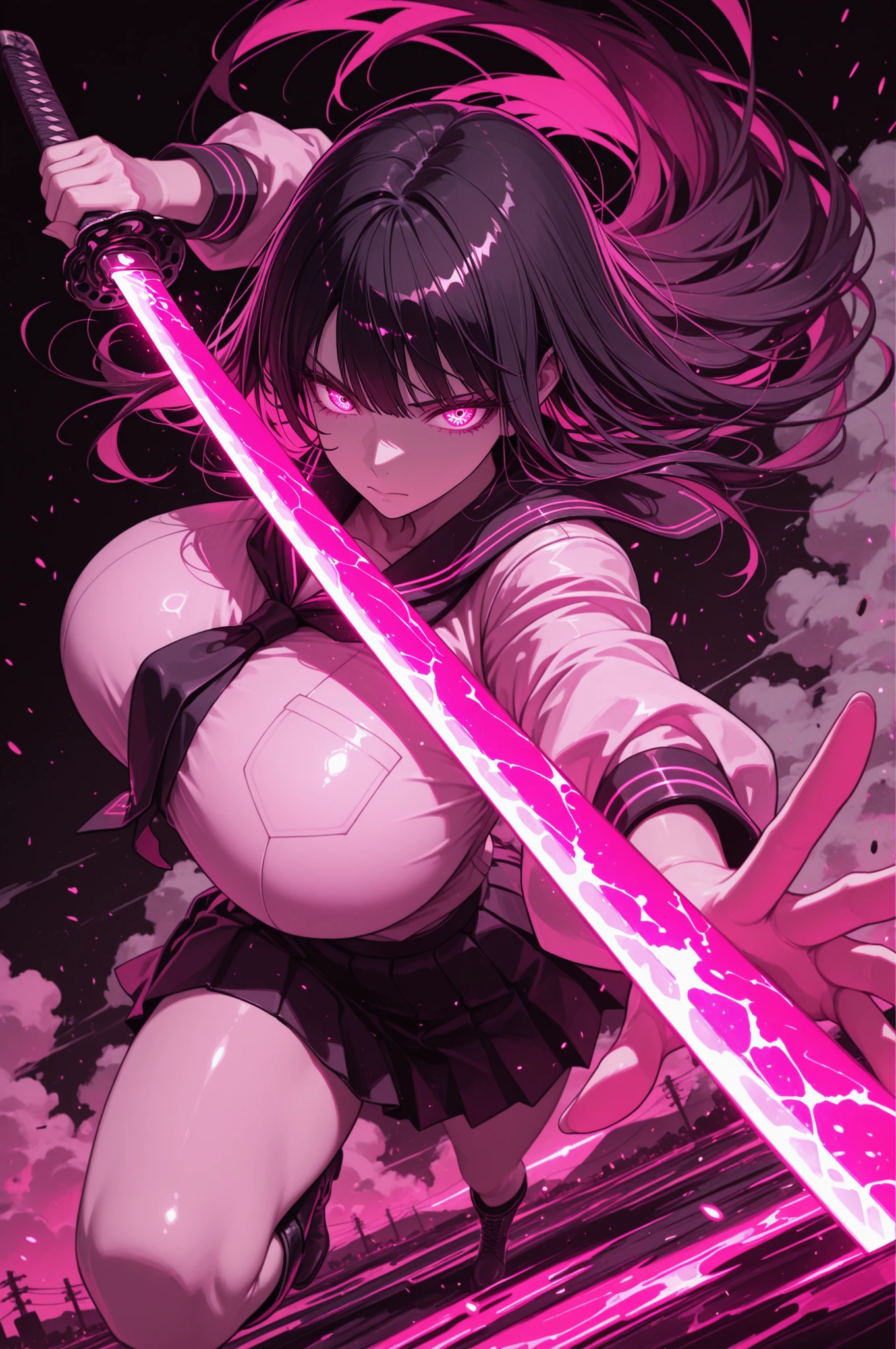 (((Masterpiece))), top Quality, dynamic composition, 1girl, hand on katana, unsheathing, school uniform, solo, black hair, looking at viewer, bangs, fuchsia eyes, long hair, closed mouth, embers, black background, boots, dynamic pose, dutch angle,foreshortening, twilight, glowing, ink background, abstract background, bright colors, dark, pink theme, gray smoke, neon trim, gigantic breasts,