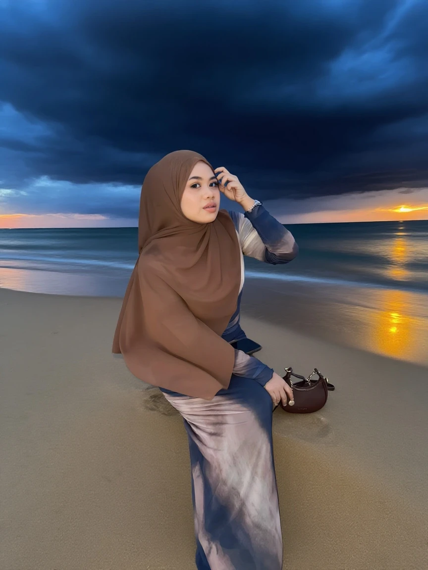 1 Girl, Beautiful, Russian Baby Face, 28 Years Old, White Skin, Hijab, pink hoodie, green long pants, Big ?????, looking directly at the camera, sunset beach Background, beautiful pose, full body: 1, 8k uhd, dslr, (realistic face), realistic eyes, beautiful detailed eyes, (realistic skin), beautiful skin, ultra high res, ultra realistic, highly detailed, (masterpiece:1.2), (best quality:1.3), sitting on the sand, surrounded by a cozy atmosphere