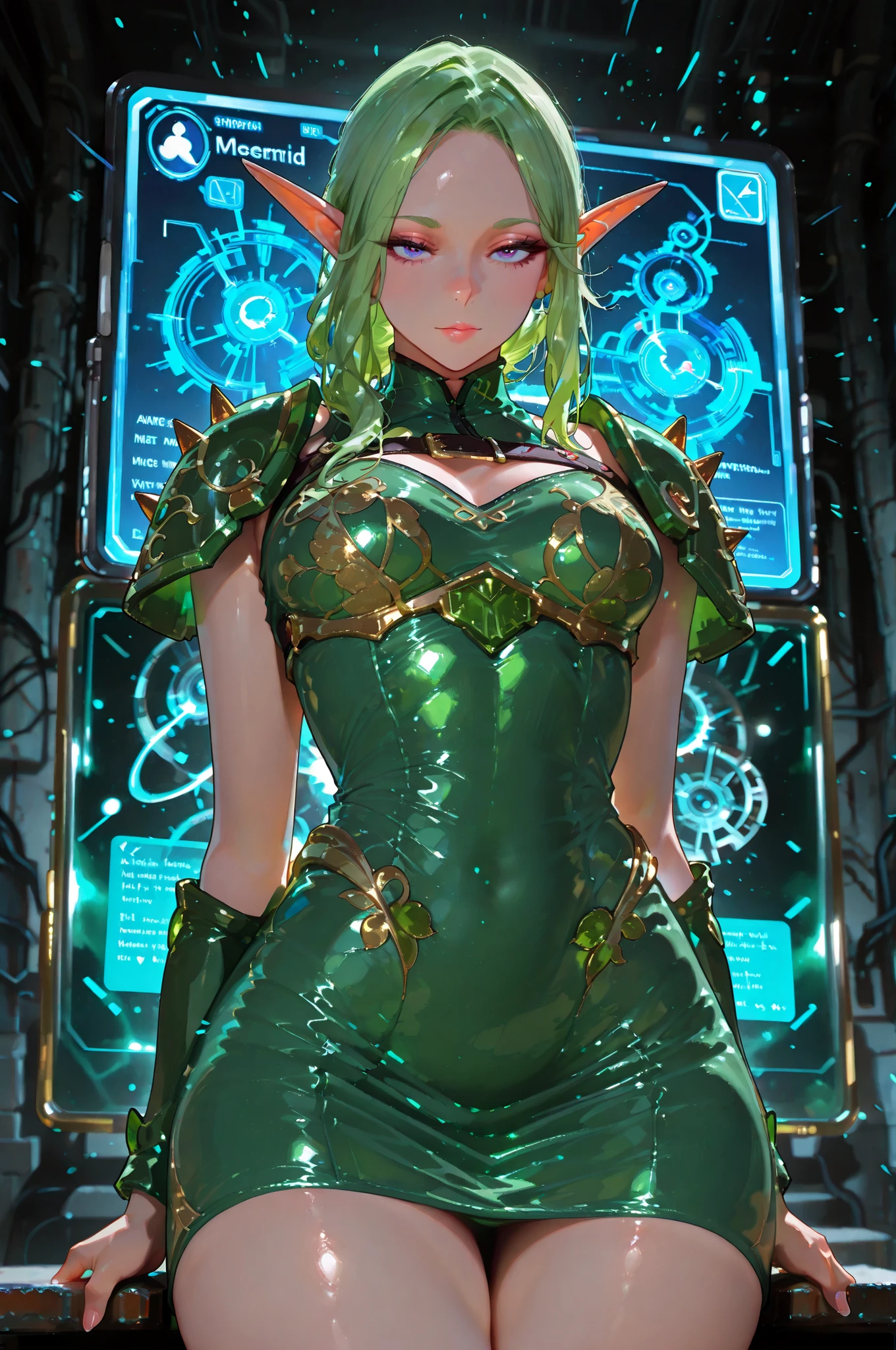 masterpiece, best quality, amazing quality, very aesthetic, high resolution, newest, solo, female character, mature Woman, elf ears, small breasts
Its design features elegant, short dress green armor, bright holographic accents, and translucent data streams flowing along her skin.  
Your hair twinkles with neon threads, and parts of her body shine with variable light.  
The perspective is dynamic and 3D, from a slightly low angle that emphasizes your forward leaning posture and the absurdity of the situation.  
Shiny particles from the user interface float around the phone, and weak error text like” “Interrupted data transfer” appears in the background.  
The scene combines comedy, stylized action, with detailed cellular shading, vibrant color tones, e pose expressiva.
