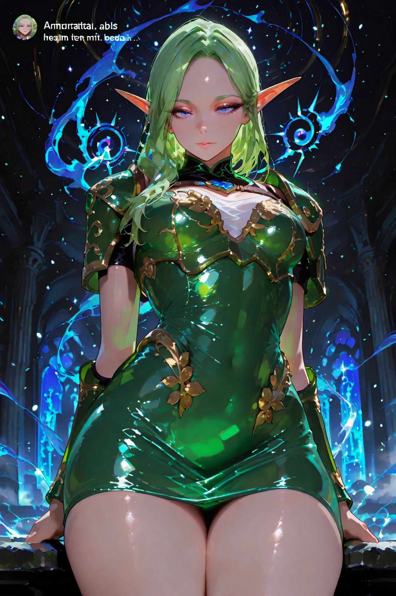 masterpiece, best quality, amazing quality, very aesthetic, high resolution, newest, solo, female character, mature Woman, elf ears, small breasts
Its design features elegant, short dress green armor, bright holographic accents, and translucent data streams flowing along her skin.  
Your hair twinkles with neon threads, and parts of her body shine with variable light.  
The perspective is dynamic and 3D, from a slightly low angle that emphasizes your forward leaning posture and the absurdity of the situation.  
Shiny particles from the user interface float around, and weak error text like” “Interrupted data transfer” appears in the background.  
The scene combines comedy, stylized action, with detailed cellular shading, vibrant color tones, e pose expressiva.
