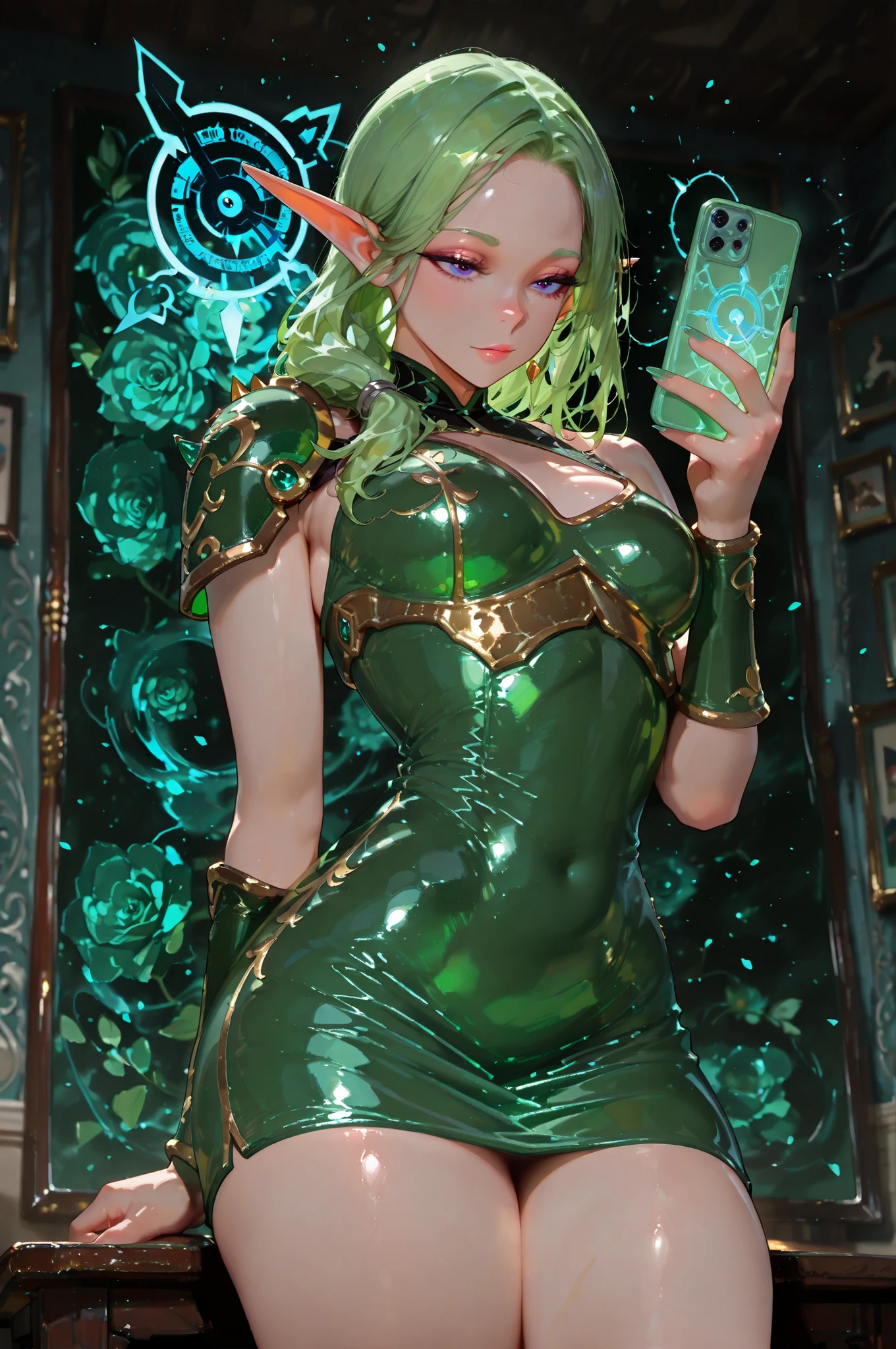 masterpiece, best quality, amazing quality, very aesthetic, high resolution, newest, solo, female character, mature Woman, elf ears, small breasts
Its design features elegant, short dress green armor, bright holographic accents, and translucent data streams flowing along her skin.
Your hair twinkles with neon threads, and parts of her body shine with variable light.
The perspective is dynamic and 3D, from a slightly low angle that emphasizes your forward leaning posture and the absurdity of the situation.
Shiny particles from the user interface float around the phone, and weak error text like” “Interrupted data transfer” appears in the background.
The scene combines comedy, stylized action, with detailed cellular shading, vibrant color tones, e pose expressiva.
