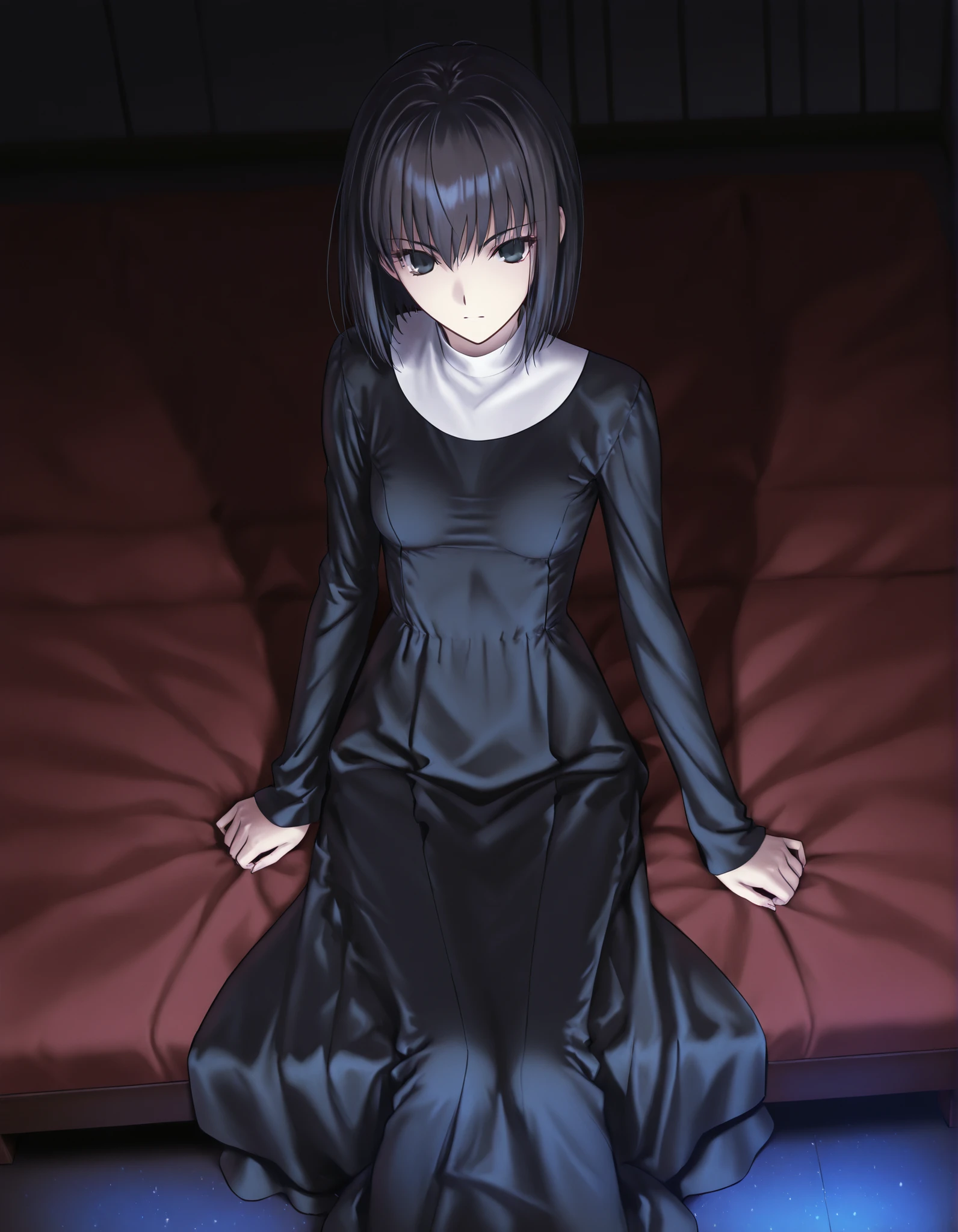 masterpiece, , absurdres, highres, detailed background, high resolution, masterpiece, necessary, detail, best quality, quality, necessary, details, High details, Precise, , indoors,(dark room, ), dutch angle ,from above ,(), ,
1girl, solo, (type-moon,) style, koyama hirokazu style, (aged up) ,() ,(), (sitting),
tall girl, ,long arms,(slim body, ),alice kuonji, ,black nun dress, black hair, short hair, black eyes, turime ,(), (loose fit dress), ,looking at viewer, ,(very small breasts), , , silky skin ,