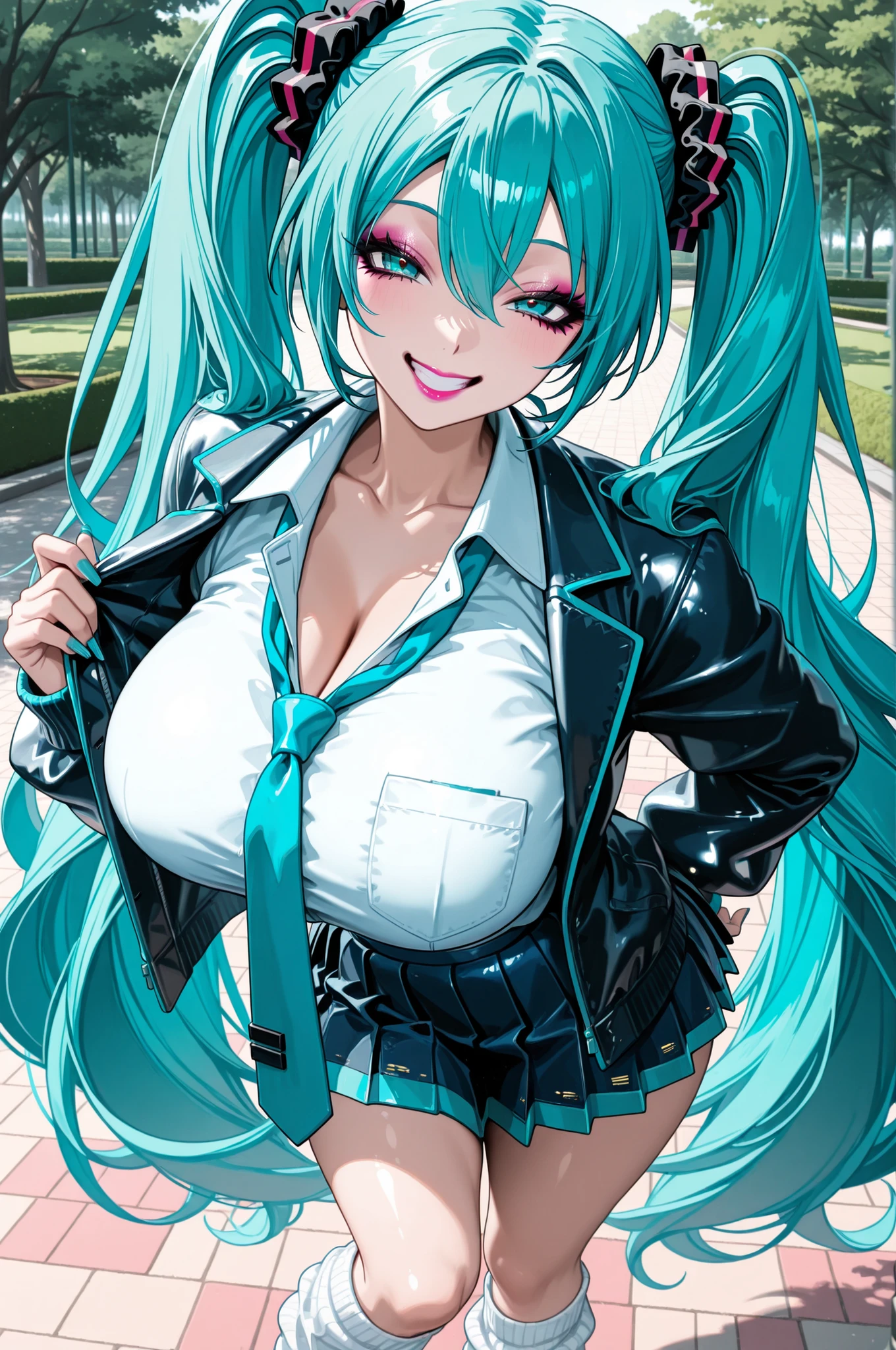 1girl, hatsune miku, huge breasts, gyaru, makeup, mascara, lipgloss,
very long hair, twintails, hair scrunchie,
blue school uniform, open jacket, collared shirt, pleated skirt, loose socks, loose necktie,
park, smile,