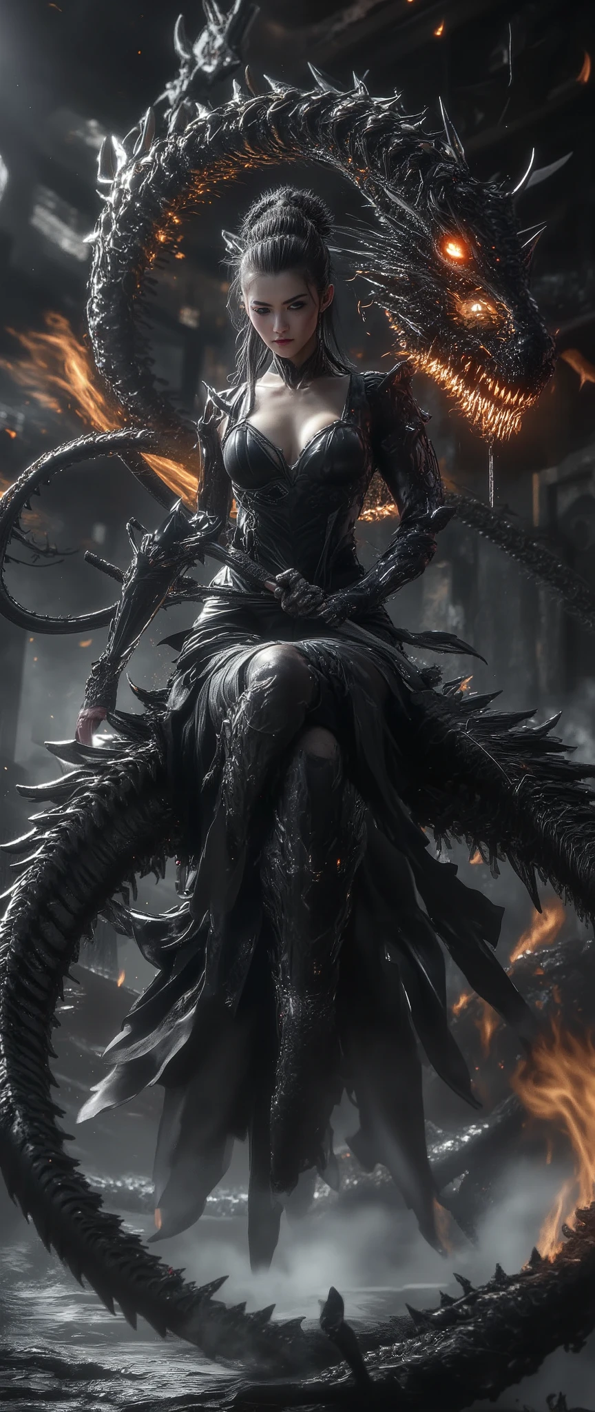 ( 32K High Resolution, photorealistic, Highest Quality:1.5, masterpiece:1.3, ultra high res), ((monochrome, Black and White, mysterious肖像画)), highly detailed skin and facial textures, perfect dynamic composition, professional camera work, Ultra High Accuracy, ((BIG BLACK WESTERN DRAGON:1.3, Flames come out of the mouth, A woman is straddling a dragon, violent)), (Old-fashioned:1.3, wonderful:1.2, tradition:1.2, majestic:1.2), shrine maiden costume, She has a strict whip, VERY DETAILED SKIN AND FACE TEXTURE OF A CUTE AND SEXY SLIM PRINCESS, Fair skin, (small face:0.7, sexy face:0.5, clear expression:0.9, training:1.0), big L cup boobs, Waist 55cm , 92 cm butt, details on all aspects, Romantic, artistic, mysterious, Object of praise, original, Dramatic, Innovative, charm, Heartful, gorgeous, sense of loss, Special, exciting, Extreme, Accurate Representation of Hands and Feet, Mysterious Symmetry, 背景にviolentな描写