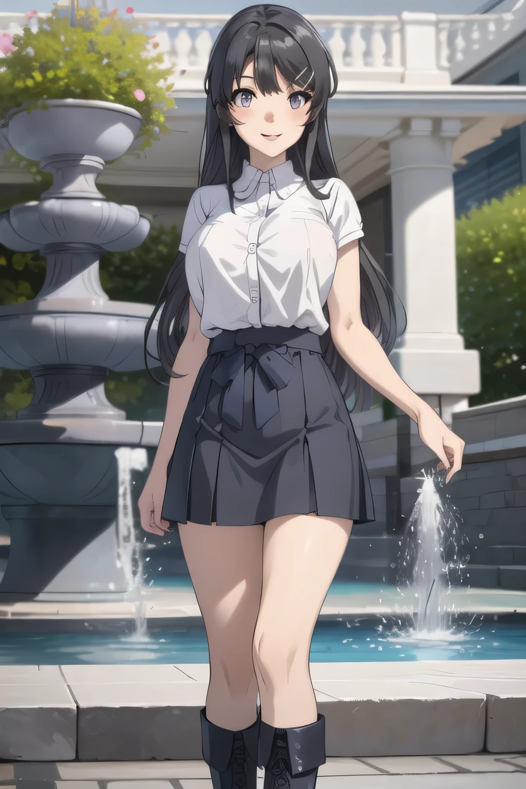 Furthermore, can you draw sharper in focus on people,black hair long hair，Smile Yan，standing in the teacher's house，can you draw a woman in front of a park fountain，College student with huge breasts in plain clothes，skirt，Splendid Thighs，Beautiful legs，boots，alone，Anime CG，woman smiling looking at me，can you draw anatomically accurate hand and leg details， Sunny，clear and vivid weather，Slender Even with Colossal Breasts,Can you draw the details more clearly and vividly