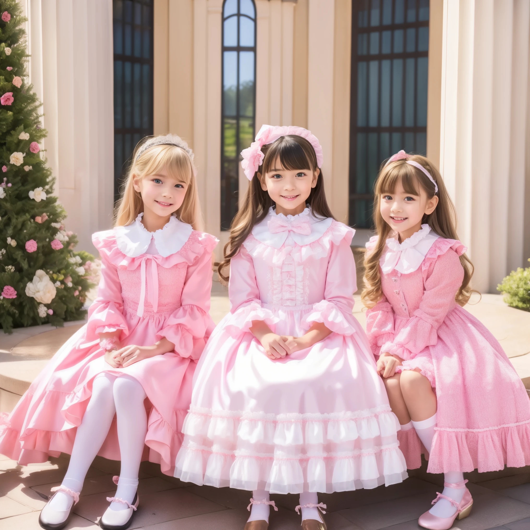 (( Distant Scenery,full body,standing:1.2)),Highest Quality, masterpiece, highest resolution, Artwork, super それにget used to it, many get used to it, get used to it, それにget used to it, 3k photos,,Three Ladies from a Noble Family,. ((10 year old European girl,blonde long hair:1.3)),Get used to the ultra-fine young face,lovely smile,baby-like face,ultra high res,  complicated details,  Back hair tied with ribbons,smile,pastel colored dress cutely adorned with ruffles and pink ribbons, （round large ruffle collar,bow tie,long sleeve, ruffle sleeve ,white ruffle blouse,Ruffle placket,Ruffles are cute ,medium skirt,short balloon skirt,frill skirt,Very elaborate costumes:1.2,）Long Black Socks with Ruffles,black loafers,small breasts,,sitting across an indoor yoga ball, outdoor,detailed background,