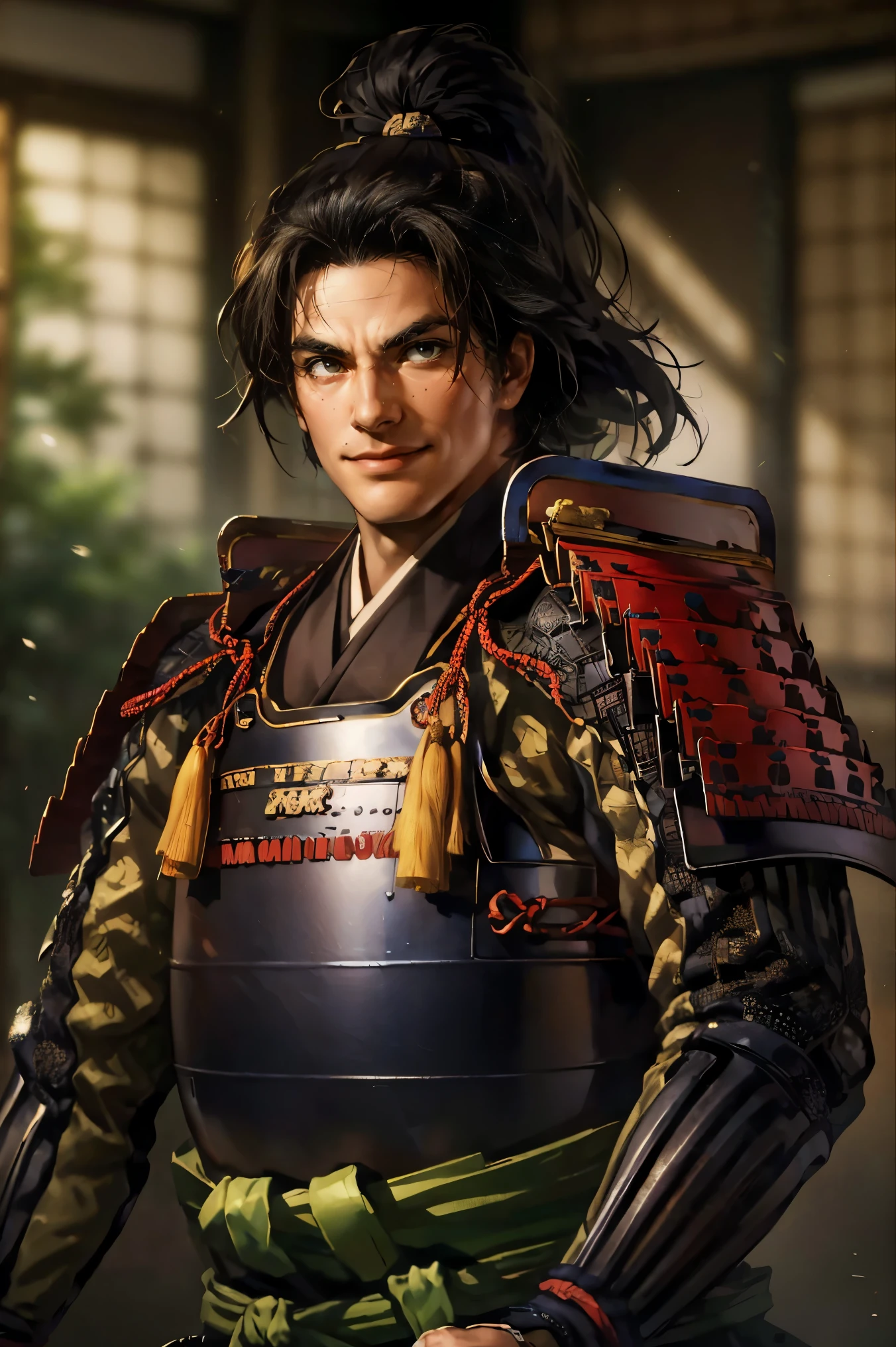 (Mathieu Peace, Highest Quality:1.2), cowboy shot, solo, Focus on man, 1 Man, Clearly depict the boundary between the Sengoku warlord,Fearless Smile,Exquisite shading, watch viewers, long black hair, black eyes, handsome Japanese,(((American Man))),((Haori)),((Reinforced Body)),((((Sharp Eyes)))),warrior,Japanese Warring States Period Armor,Nan Bai Armor,Japanese sword,person drawn in oil painting and the background