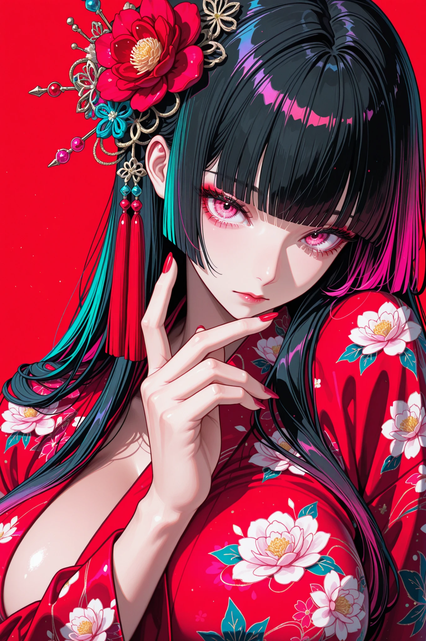 woman, solo, ethereal, crystal red nails, looking at viewer, bangs, pink eyes, long hair, black hair, hair ornament, hand up, flower, blunt bangs, closed mouth, tassel, ribbon, portrait, colorful, floral yukata, multicolored hair, upper body, huge breasts, facing forward, simple background, red_background,