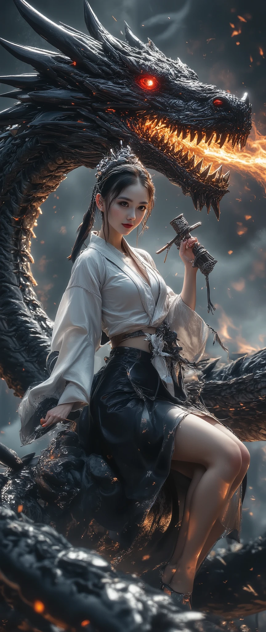 ( 32K High Resolution, photorealistic, Highest Quality:1.5, masterpiece:1.3, ultra high res), ((monochrome, Black and White, mysterious肖像画)), highly detailed skin and facial textures, perfect dynamic composition, professional camera work, Ultra High Accuracy, ((BIG BLACK WESTERN DRAGON:1.3, Flames come out of the mouth, A WOMAN RIDES A DRAGON, violent)), (Old-fashioned:1.3, wonderful:1.2, tradition:1.2, majestic:1.2), shrine maiden costume, SHE HAS A HUGE WHISTLE, VERY DETAILED SKIN AND FACE TEXTURE OF A CUTE AND SEXY SLIM PRINCESS, Fair skin, (small face:0.7, sexy face:0.5, clear expression:0.9, training:1.0), big L cup boobs, Waist 55cm , 92 cm butt, details on all aspects, Romantic, artistic, mysterious, Object of praise, original, Dramatic, Innovative, charm, Heartful, gorgeous, sense of loss, Special, exciting, Extreme, Accurate Representation of Hands and Feet, Mysterious Symmetry, 背景にviolentな西洋のドラゴン