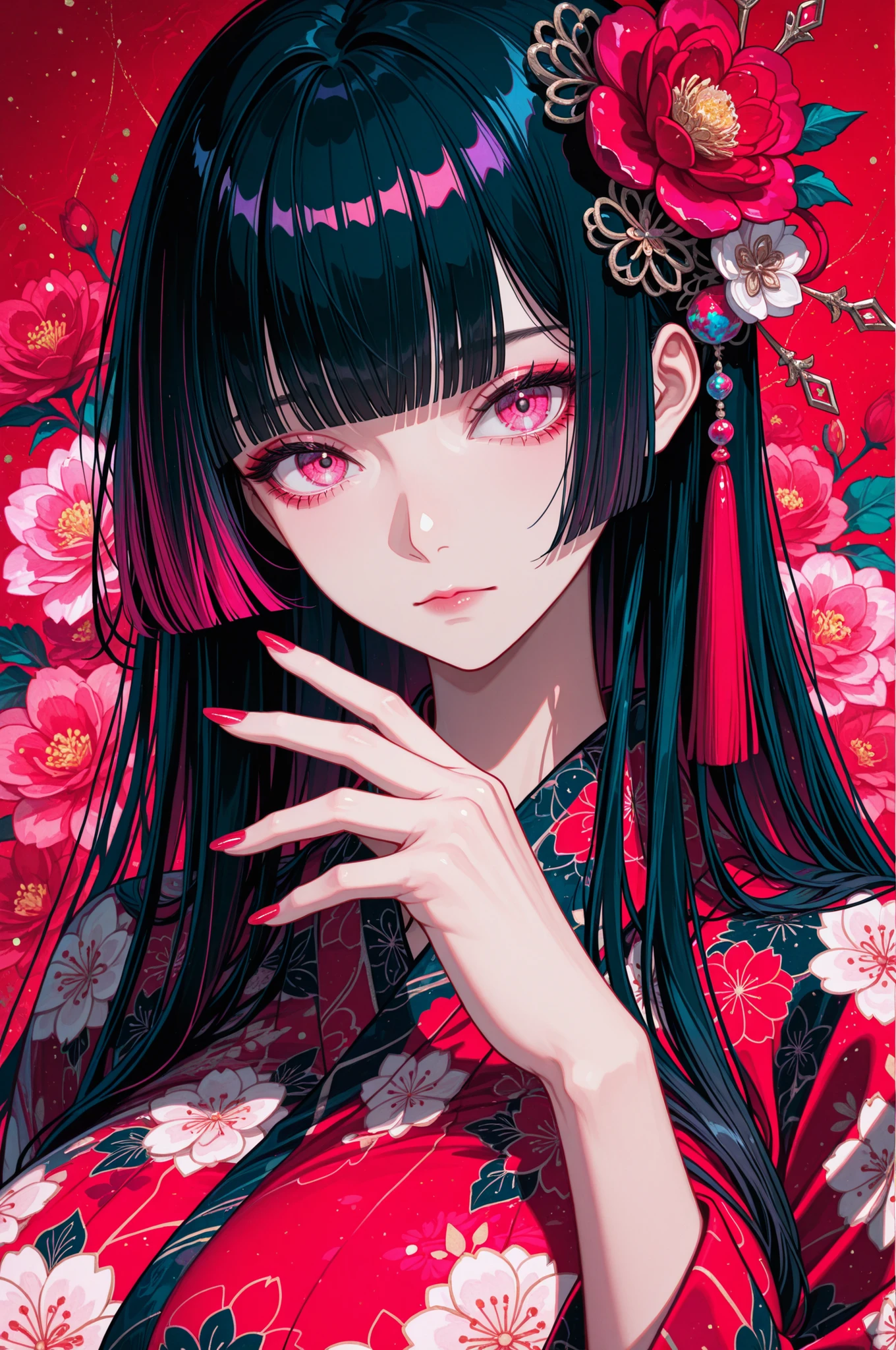 woman, solo, ethereal, crystal red nails, looking at viewer, bangs, pink eyes, long hair, black hair, hair ornament, hand up, flower, blunt bangs, closed mouth, tassel, ribbon, portrait, colorful, floral yukata, multicolored hair, upper body, huge breasts, red_background,