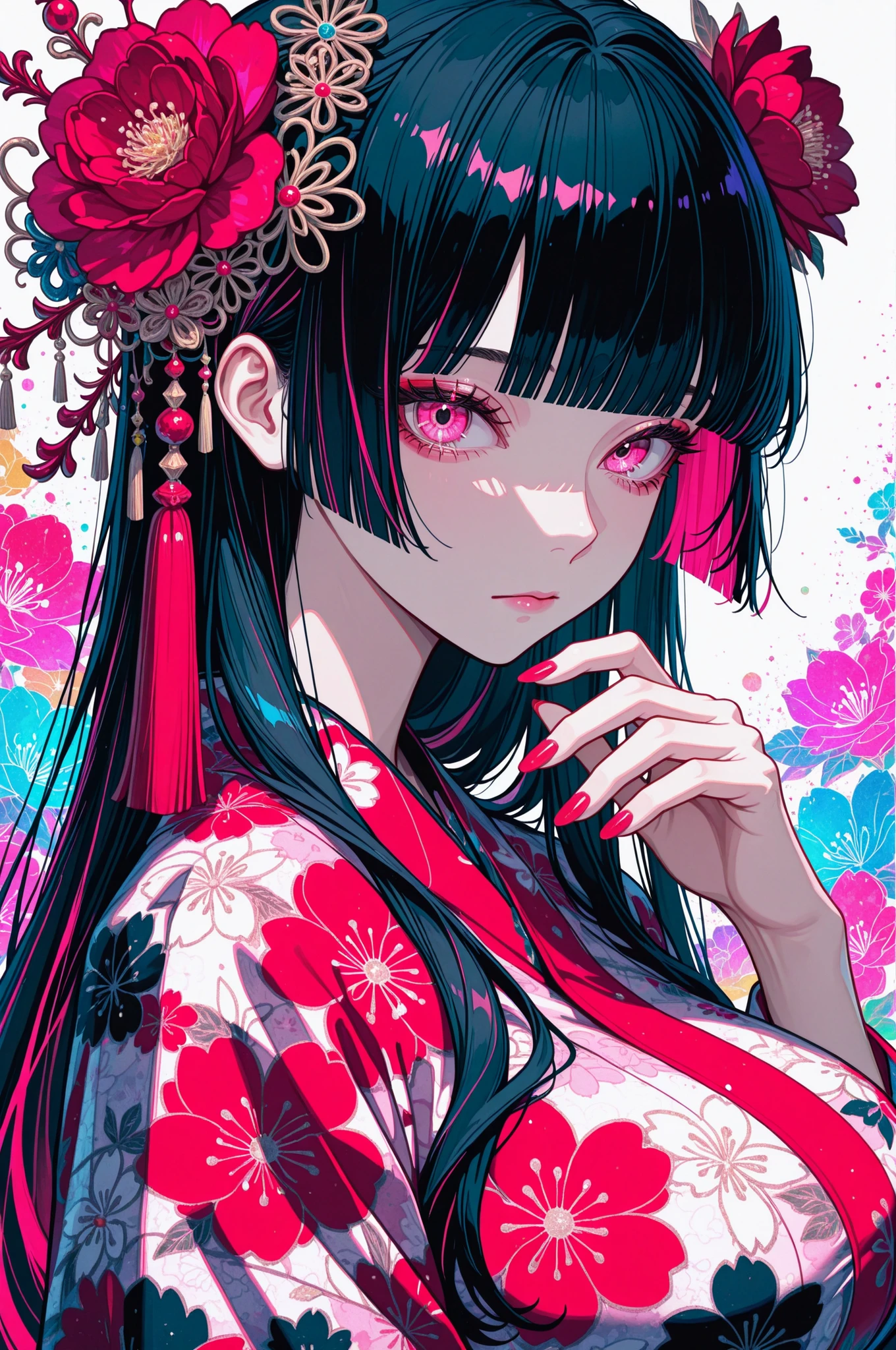 woman, solo, ethereal, crystal red nails, looking at viewer, bangs, pink eyes, long hair, black hair, hair ornament, hand up, flower, blunt bangs, closed mouth, tassel, ribbon, portrait, colorful, floral yukata, multicolored hair, upper body, huge breasts, simple background, opaque color background,