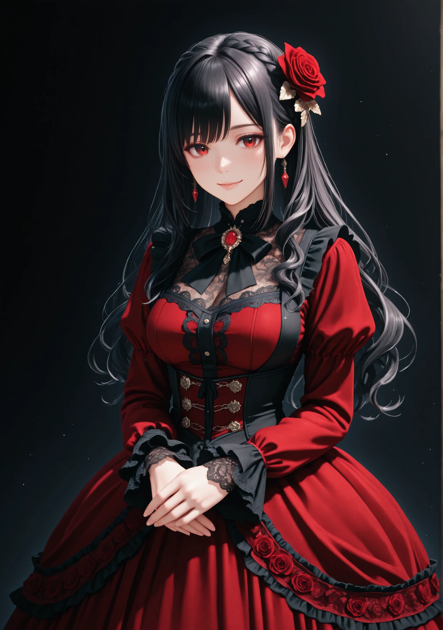 cute girl with swirling hair on the right, wearing a red dress , Little Dragon in a black tuxedo , intricate lace and frills , victorian costume , big roses , cute gothic doll , intricate lace and frills , Dark color scheme, Elegant and detailed costume, kind expression,gentle smile, Dark Theme, between the thrones,Overall view of a giant dragon in the distance,
Fantasy Style, Delicate Accessories , magical atmosphere,fine-grained,semi-realistic in a vast universe,Wonderful,clear image,intricate details,Highly Detailed CG Unity 8K Wallpaper,Wonderful,clear image,Air Generation,AI Assisted ,masterpiece,3D, Highest Quality, high resolution,
