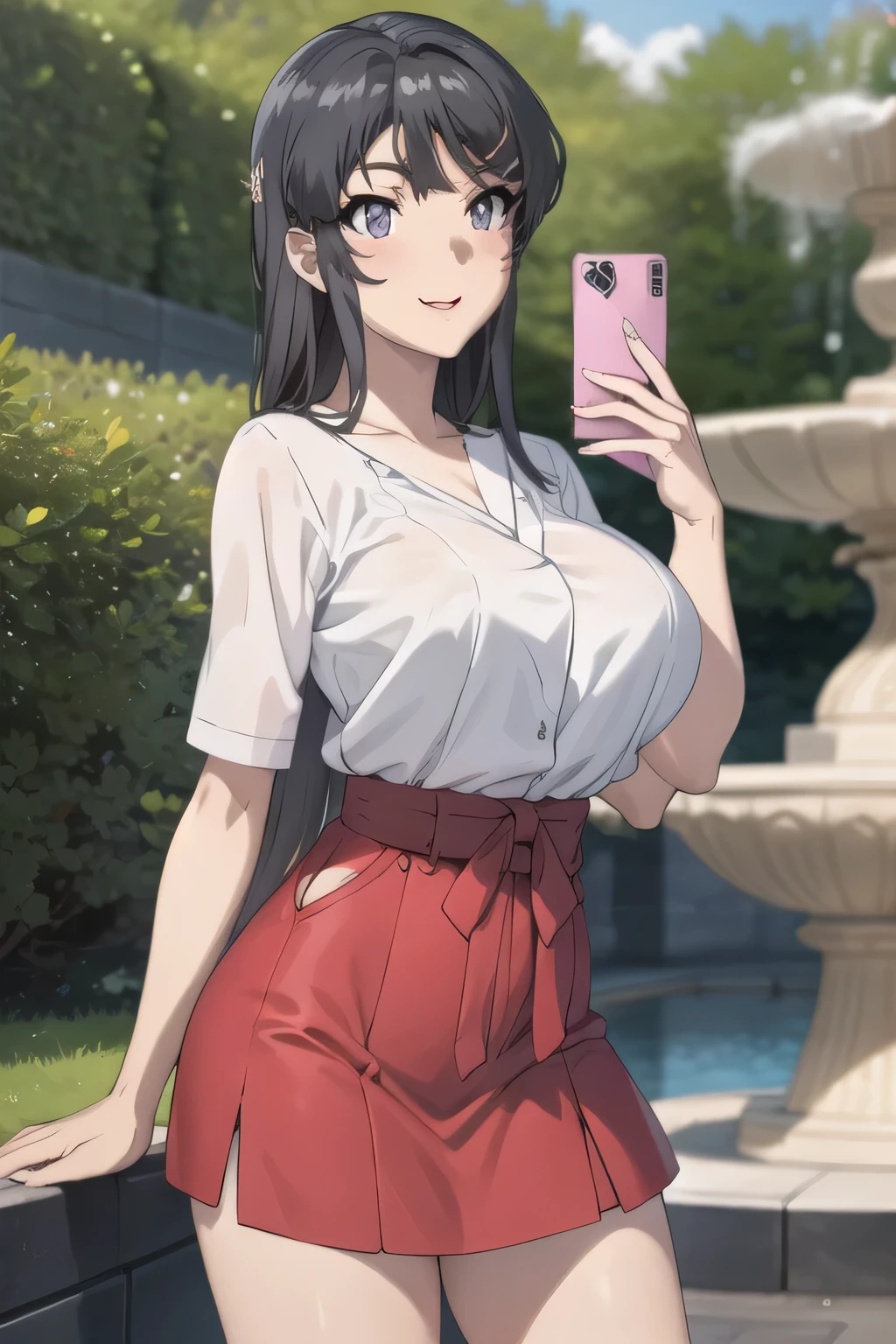 Prostitute with long black hair，Smile Yang，is。，can you draw women in front of the park fountain，college student with big breasts in plain clothes，skirt，amazing thighs taking selfies in the mirror ，Beautiful legs，boots，Alone，Anime CG，Smiling woman，can you draw anatomically accurate hand and leg details， Sunny，Clear and vivid weather，can you draw sharp and sharp in focus on the face，can you draw huge breasts even more huge breasts，