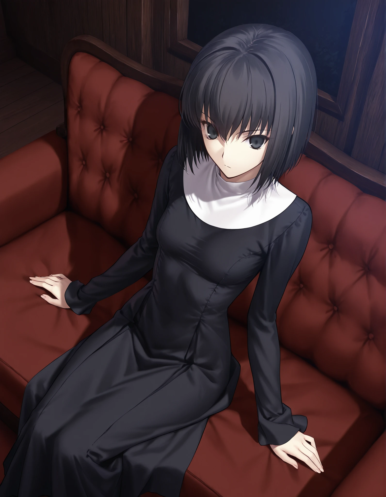 masterpiece, , absurdres, highres, detailed background, high resolution, masterpiece, necessary, detail, best quality, quality, necessary, details, High details, Precise, , indoors,(dark room, ), dutch angle ,from above ,(), ,
1girl, solo, (type-moon,) style, koyama hirokazu style, (aged up) ,() ,(), (sitting),
tall girl, ,long arms,(slim body, ),alice kuonji, ,black nun dress, black hair, short hair, black eyes, turime ,(), (loose fit dress), ,looking at viewer, ,(very small breasts), , , silky skin ,