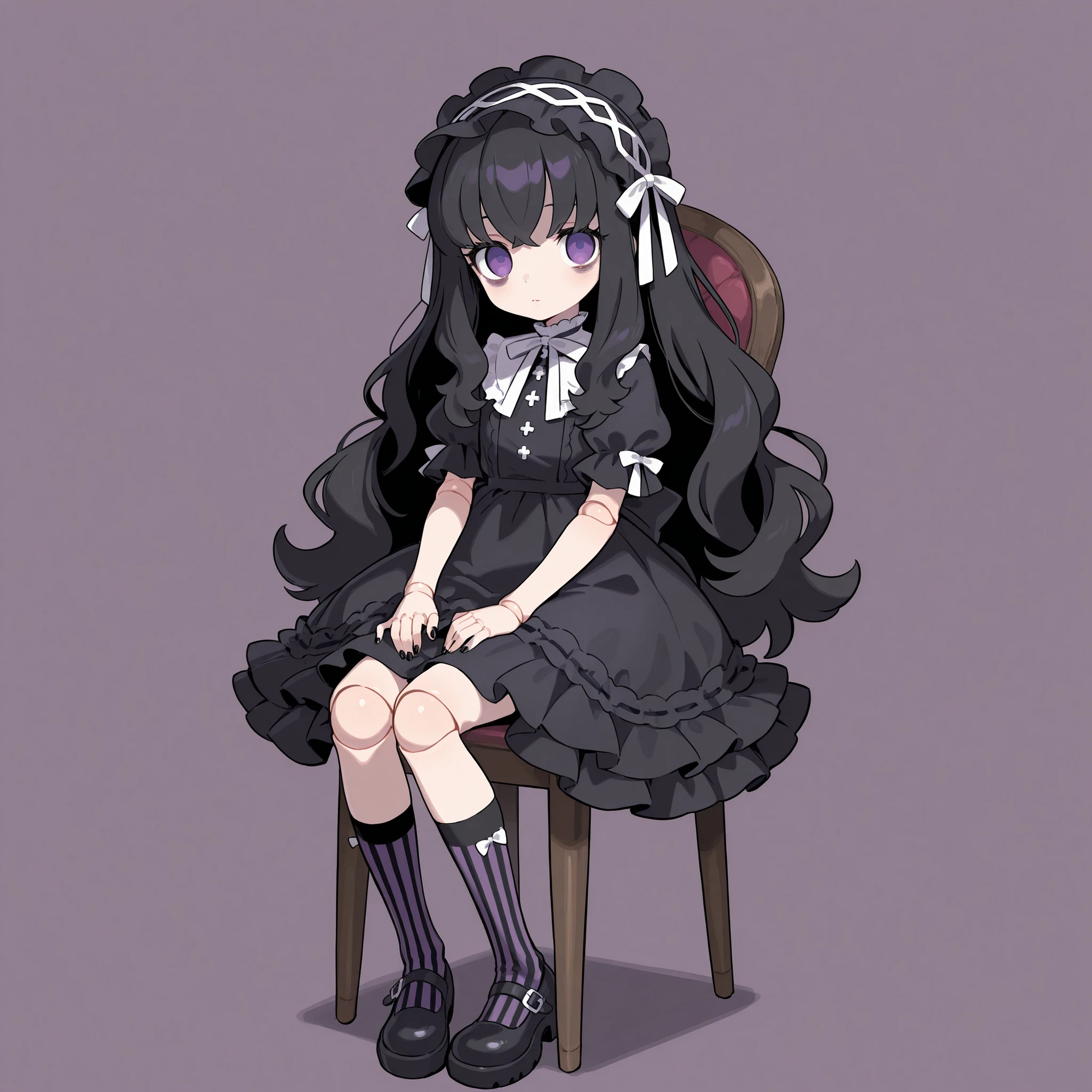 masterpiece, ultra-HD, impressionism, high detail, best quality, very aesthetic, 8K, best quality, beautiful, ultra-high resolution, 32K UHD, sugimorixd, 1girl, solo, loli, very long wavy black hair, purple eyes, empty eyes, no pupils, almond-shaped eyes, eyelashes, bags under eyes, pink lips, petite, black nails, doll joints, black ruffle dress, short sleeves, puff sleeves, ruffles, gothic lolita dress, black high socks, purple stripes, multicolored socks, headband, white ribbons, black shoes, expressionless, hands on lap, cute, sitting on a chair, full body, looking at the viewer, simple background, front view