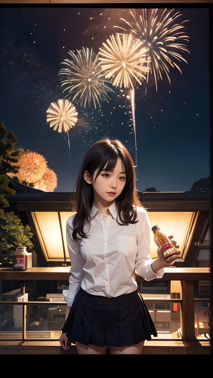 Albertine Zullo, Chica Umino, Chinatsu Ban, Rie Cramer, Yuko Shimizu, Surrealism, Mysterious, Strange, Fantastic, Fantasy, Sci-fi, Fantasy, Japanese Animation, Assembling a Spaceship in a Glass Bottle, Microcosm of Fireworks, Cute miniskirt High School Girl, solo girl, perfect body, angles Perspective, detailed masterpiece