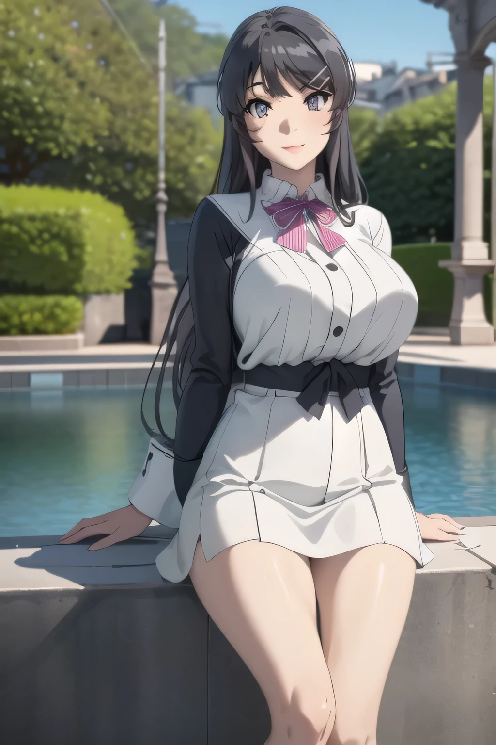 black hair long hair，Smile Yang，is。，can you draw women in front of the park fountain，college student with big breasts in plain clothes，skirt，amazing thighs ，Beautiful legs，boots，Alone，Anime CG，Smiling woman，Can you draw anatomically accurate hand and leg details， Sunny，Clear and vivid weather，Can you draw sharp and sharp focus on the face，can you draw huge breasts even more huge breasts，Anime CGでの作品が必要is，Real will be deleted immediately，
