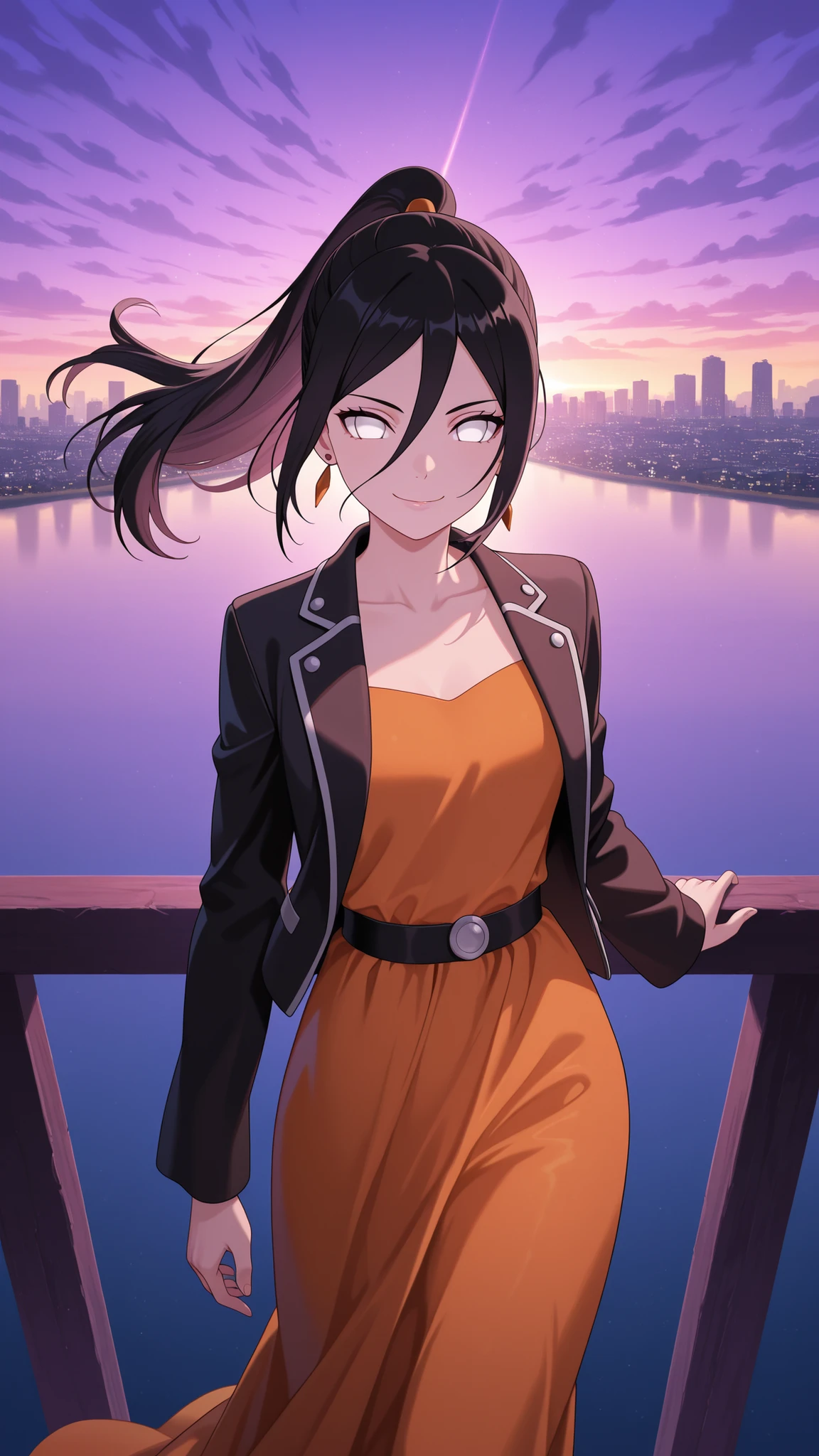 BREAK (masterpiece:1.2),Anime-style New York-inspired city at sunset. Skyscrapers reflect warm orange and deep purple light from the glowing sky. Bridges stretch across a wide river, their silhouettes highlighted against dramatic clouds. The city feels majestic and calm, cinematic wide-angle, highly detailed illustration, vibrant colors, no people, no vehicles, hanabi hyuuga, long hair, black hair, hair between eyes, white eyes, no pupils,simple elegant dress,orange dress,Light flowing fabric, soft pastel tones dress,thin belt,black belt,jawerly,earrings,black jacket,open jacket,floating jacket,ponytail,looking at viewer,portrait,portait shot,seductive expression,standing in middle of street,seductive pose,floating hair,smile