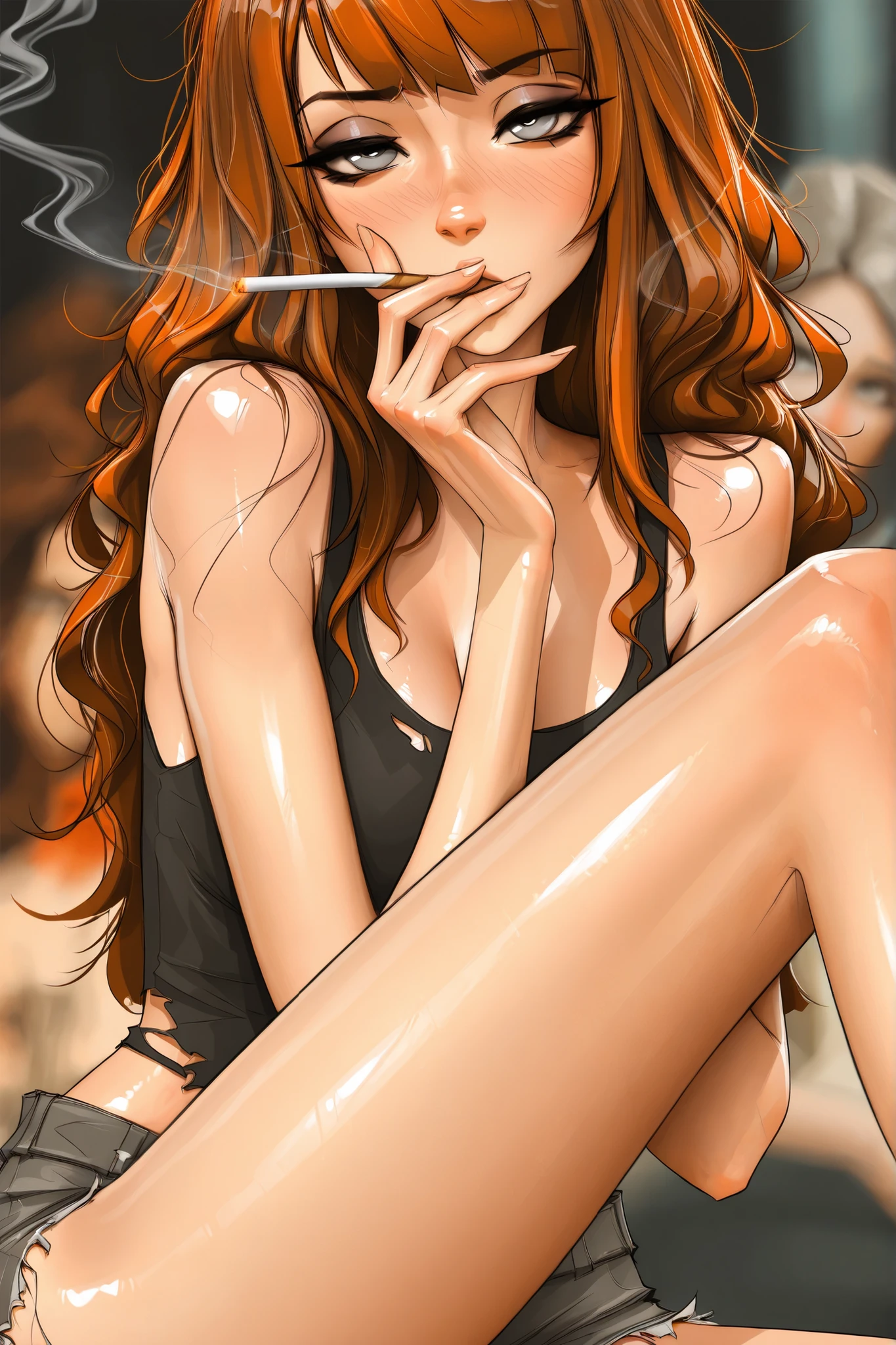 Michelle Trachtenberg, 20 year old woman,  1girl, skinny,  auburn brown hair, gray eyes, eyeliner,   , torn up jean shorts, , sam yang, shirow masamune art style, masterpiece, best quality, very aesthetic, movie quality, depth of field, soft saturation, focused subject, ,official style, shiny skin, closeup, medium beasts, smoking cigarette