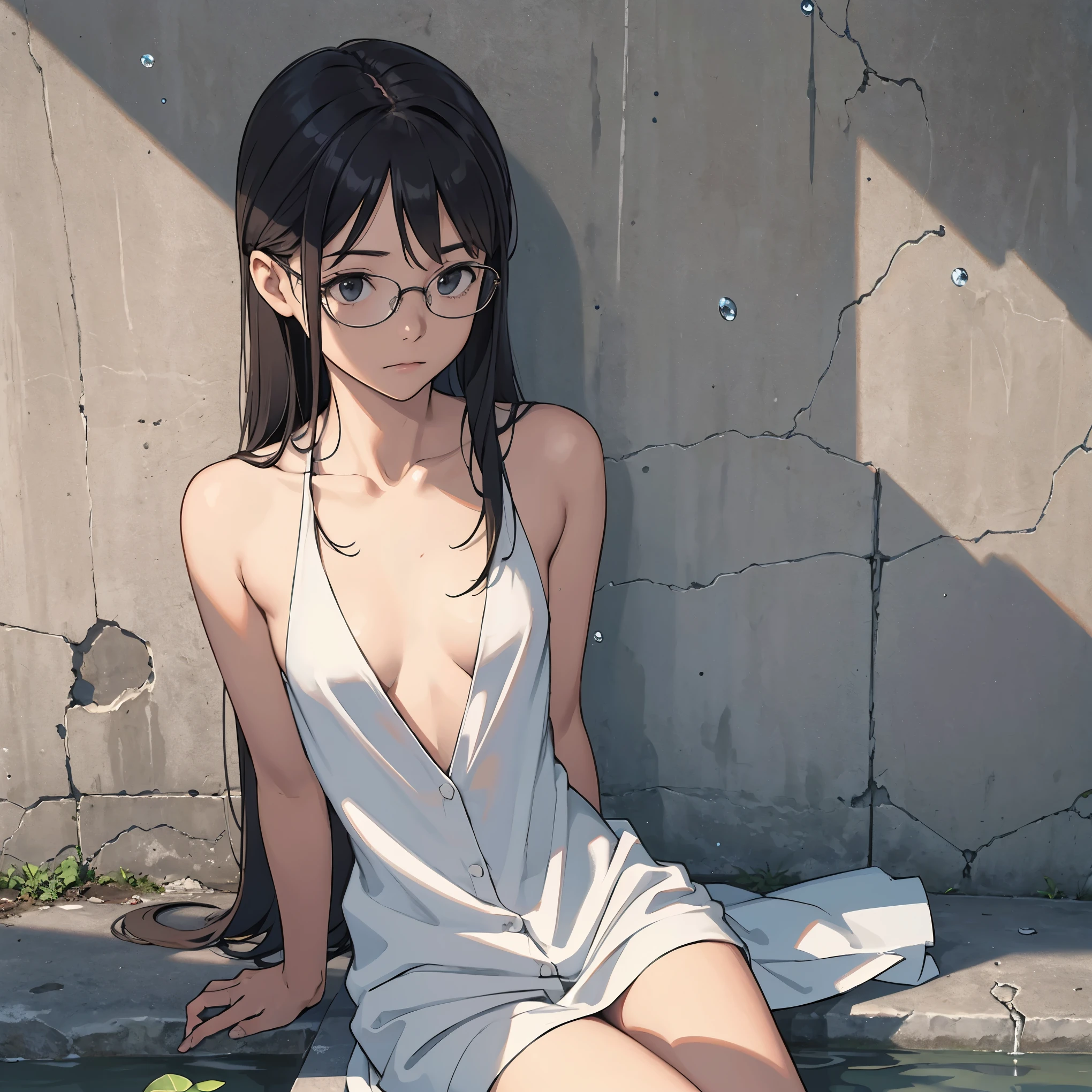 masterpiece、Highest Quality、Girl、cute、small breasts、small slender body、young face、Short Height、 全naked、naked、beautiful skin、concrete wall、Viewpoint Looking Down from Above、hollow expression、Blank face、semi-long hair、glasses、Shinbayashi、suspension bridge、Spring water