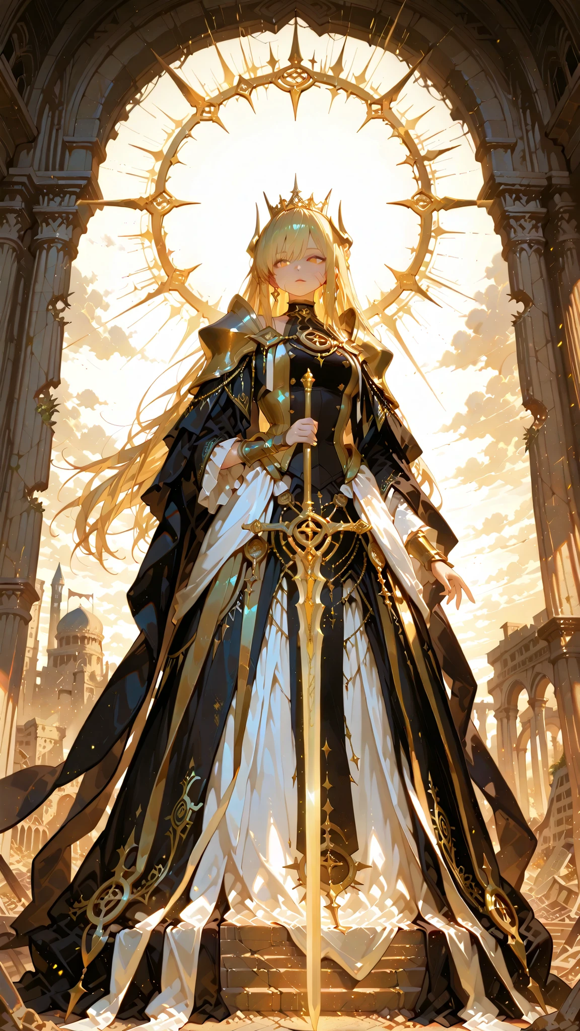 battlemage_neopresencia,,,,,,,.00,Outstanding work, slightly realistic, of extraordinary quality, very beautiful, ultra-high resolution, high resolution, anime style-----Show your full body. Look from a distance..Mature woman, tall figure.(Horror flavor :0.7),****************A rebellious princess stands in the ruins of an ancient castle, showing off her full body, in a distant view, dressed in a shabby but elegant royal robe, mixed with battle armor. Her crown was slightly damaged, symbolizing resistance, and she firmly held a sword. Dirt and scars were imprinted on her face, yet her gaze was resolute and unyielding. The atmosphere is dramatic and cinematic. There are storm clouds in the sky, and golden light pierces through the clouds. The wind caressed her hair and cape, creating a sense of movement and tension. Hyper-realistic, highly detailed, cinematic lighting, epic fantasy atmosphere, powerful and dramatic composition.