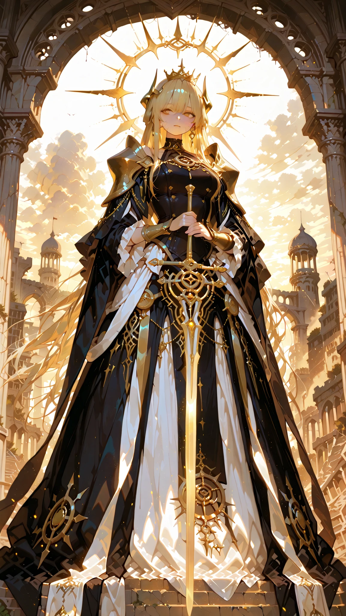 battlemage_neopresencia,,,,,,,.00,Outstanding work, slightly realistic, of extraordinary quality, very beautiful, ultra-high resolution, high resolution, anime style-----Show your full body. Look from a distance..Mature woman, tall figure.(Horror flavor :0.7),****************A rebellious princess stands in the ruins of an ancient castle, showing off her full body, in a distant view, dressed in a shabby but elegant royal robe, mixed with battle armor. Her crown was slightly damaged, symbolizing resistance, and she firmly held a sword. Dirt and scars were imprinted on her face, yet her gaze was resolute and unyielding. The atmosphere is dramatic and cinematic. There are storm clouds in the sky, and golden light pierces through the clouds. The wind caressed her hair and cape, creating a sense of movement and tension. Hyper-realistic, highly detailed, cinematic lighting, epic fantasy atmosphere, powerful and dramatic composition.