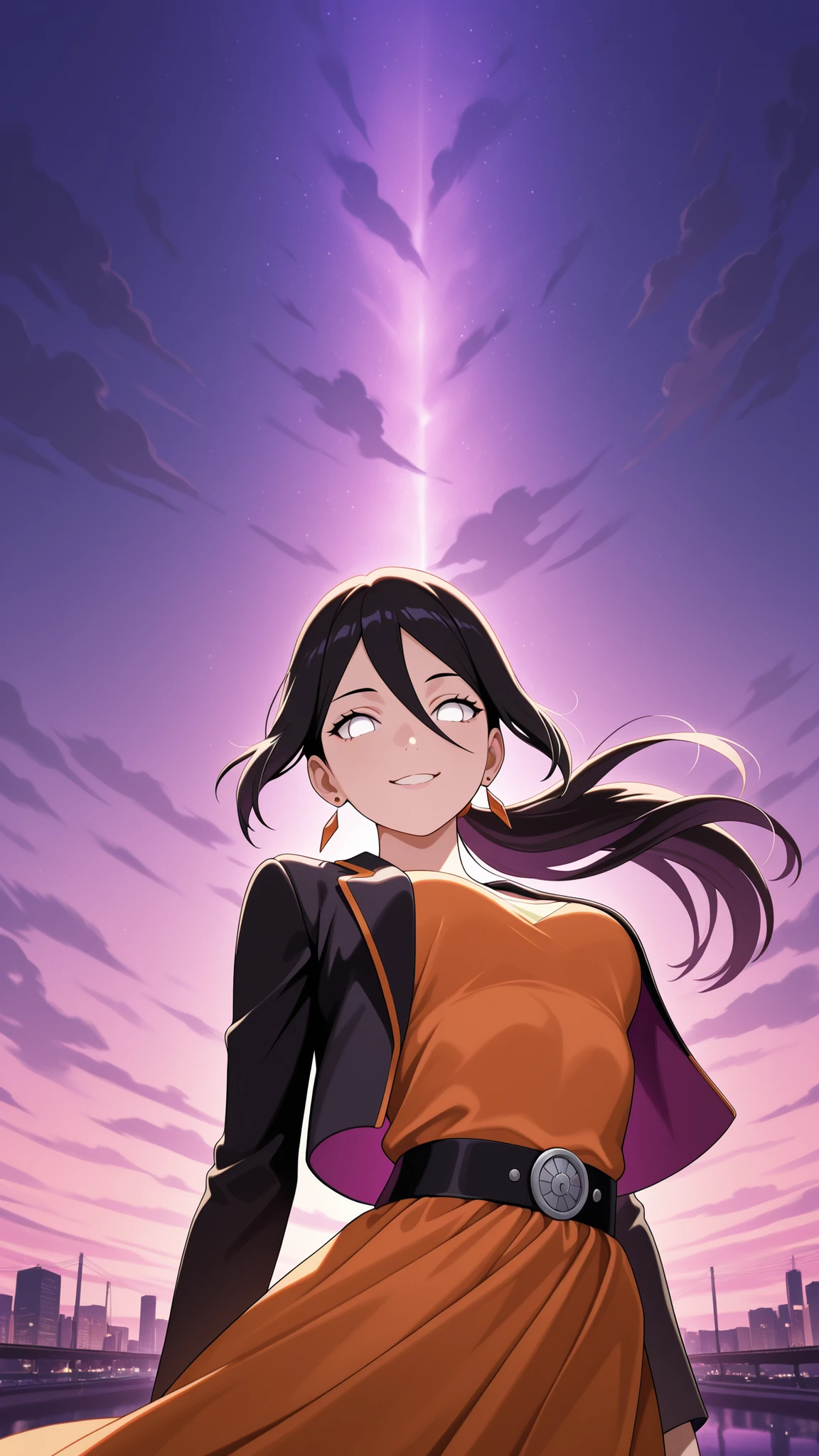 BREAK (masterpiece:1.2),Anime-style New York-inspired city at sunset. Skyscrapers reflect warm orange and deep purple light from the glowing sky. Bridges stretch across a wide river, their silhouettes highlighted against dramatic clouds. The city feels majestic and calm, cinematic wide-angle, highly detailed illustration, vibrant colors, no people, no vehicles, hanabi hyuuga, long hair, black hair, hair between eyes, white eyes, no pupils,simple elegant dress,orange dress,Light flowing fabric, soft pastel tones dress,thin belt,black belt,jawerly,earrings,black jacket,open jacket,floating jacket,ponytail,looking at viewer,portrait,portait shot,seductive expression,standing in middle of street,seductive pose,floating hair,floating dress,excited,arched back,from below,smile