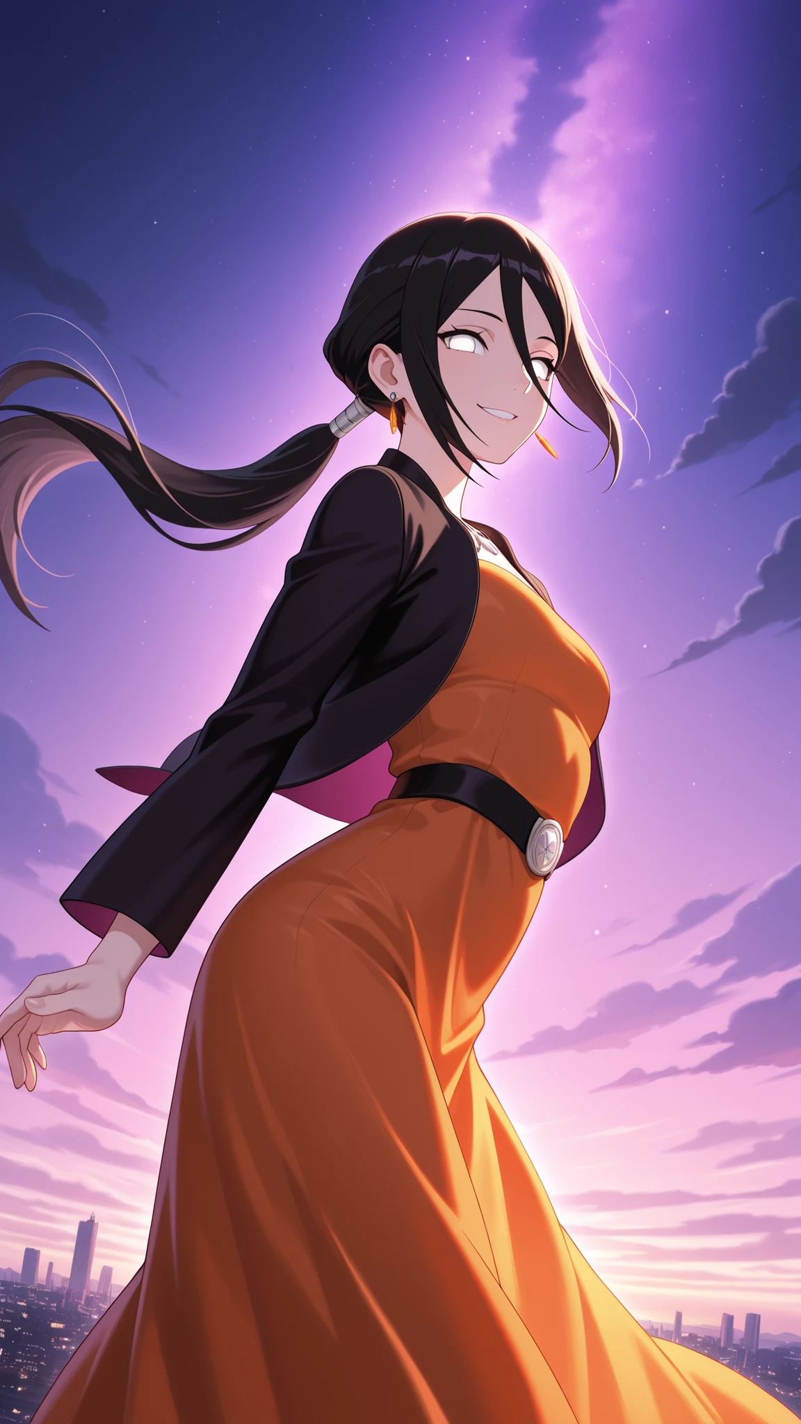 BREAK (masterpiece:1.2),Anime-style New York-inspired city at sunset. Skyscrapers reflect warm orange and deep purple light from the glowing sky. Bridges stretch across a wide river, their silhouettes highlighted against dramatic clouds. The city feels majestic and calm, cinematic wide-angle, highly detailed illustration, vibrant colors, no people, no vehicles, hanabi hyuuga, long hair, black hair, hair between eyes, white eyes, no pupils,simple elegant dress,orange dress,Light flowing fabric, soft pastel tones dress,thin belt,black belt,jawerly,earrings,black jacket,open jacket,floating jacket,ponytail,looking at viewer,portrait,portait shot,seductive expression,standing in middle of street,seductive pose,floating hair,floating dress,excited,arched back,from below,smile