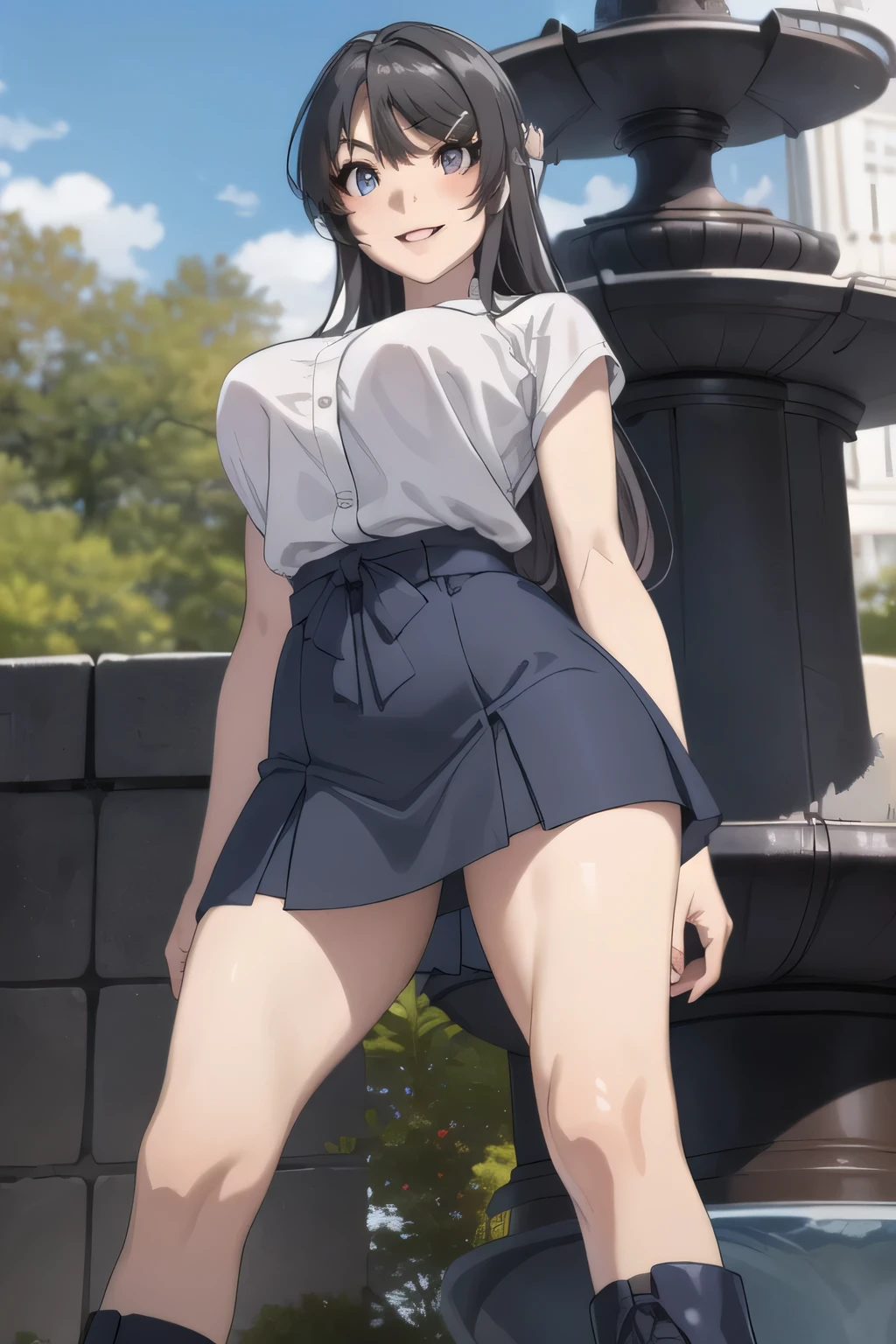 long dark-haired woman，Smiling Yang，teeth。，can you draw a woman in front of a park fountain，college student with big breasts in plain clothes，blue skirt from below pubic hair，amazing thighs ，Beautiful legs，boots，Alone，Anime CG，Smiling Woman，can you draw anatomically accurate hand and leg details， Sunny，Clear and vivid weather，can you focus on the face and draw sharp and sharp，can you draw huge breasts on bigger breasts，Anime CGで作品teeth必要です