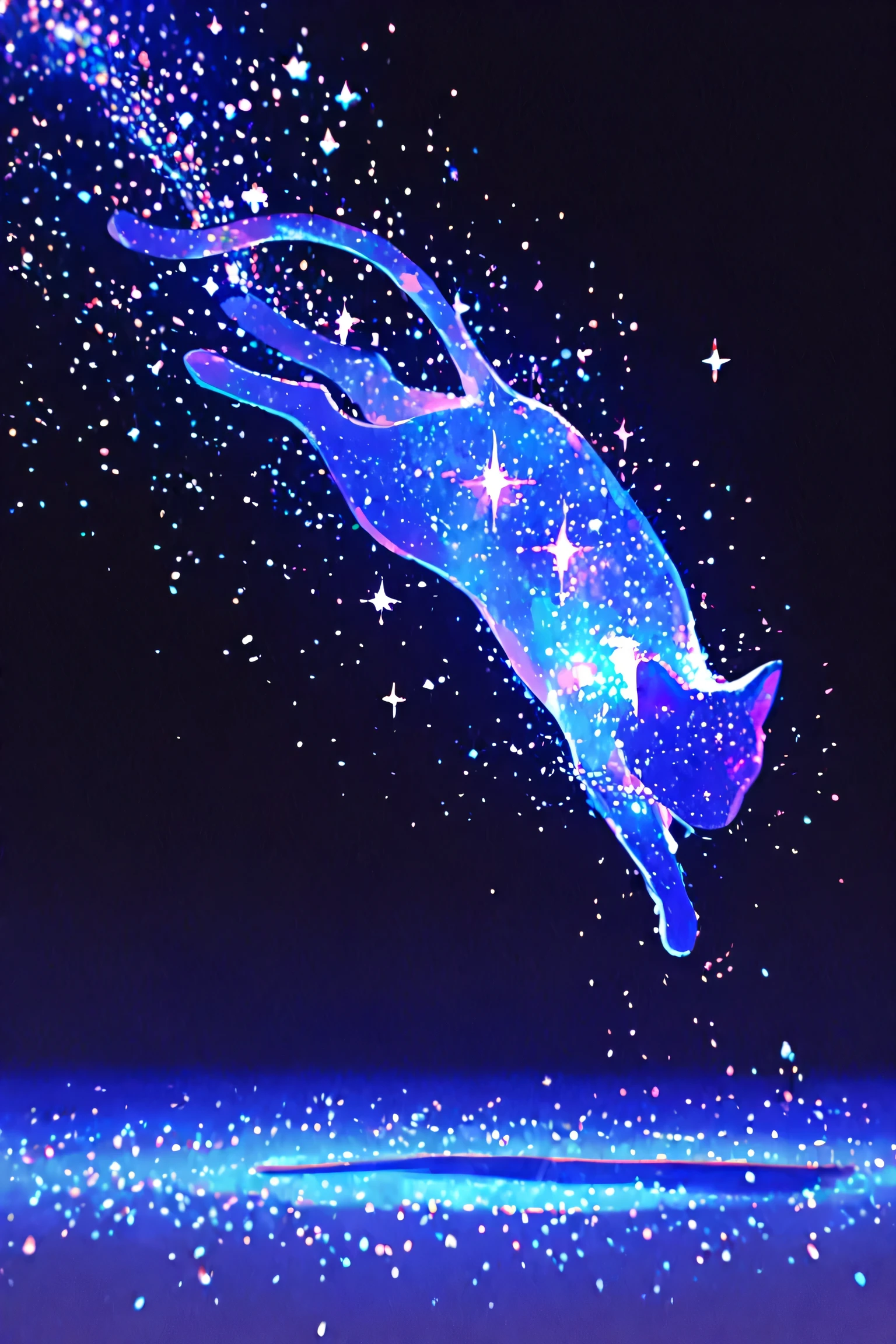 beautiful, depth of field, shallow depth of field, background gradually blurred, sharp focus on character, backlighting, shade, shadow, 1dancing cat, kawaii, high saturation, satuarated shadows, soft, soft shading, blurred lines, saturated details, cute, pink and blue theme, jumping, 落ち葉、 simple background, bandaid, 748cmstyle, 0__11Xx_illu, Galaxy, starry sky, stars, star (symbol), ethereal, dreamy, beautiful colors, rich color, masterpiece, scenery, night, dim lighting, dark background, deep colors, ✨, glitter, sparkles, loose glitter, crumbly shine, blue theme, purple theme,