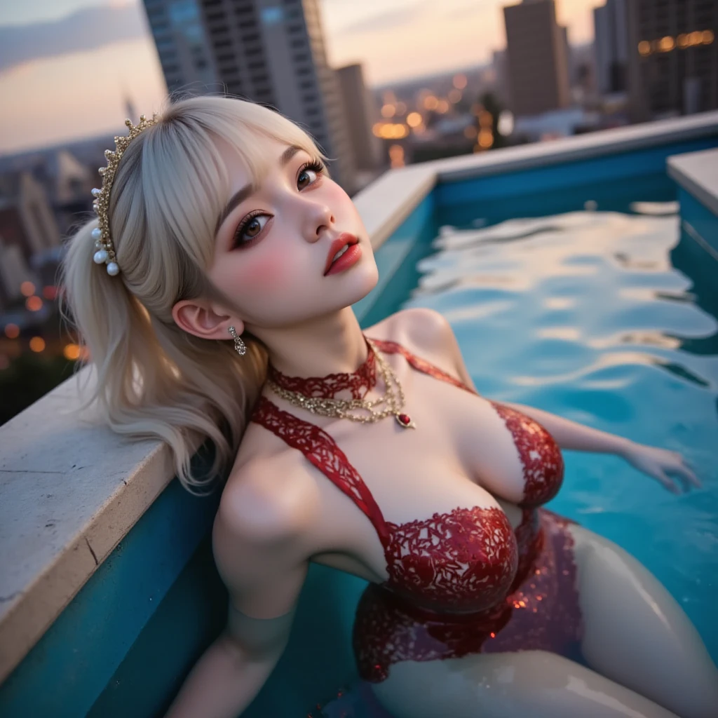 Woman thrown in the pool in her fine clothes, at a party, ((dressed up)), ((expensive party frock)), jewelry,  ((soaked)), ((drenched)), ((dripping wet)),  ((cute)), insanely beautiful, blonde bombshell, iridescent sequin dress, water at waist level, oily clothes, droplets, evening, photorealistic,  bokeh, narrow focus, party guests, outdoors, night sky, cityscape, posing for photo, looking at viewer, ((vertically aligned))