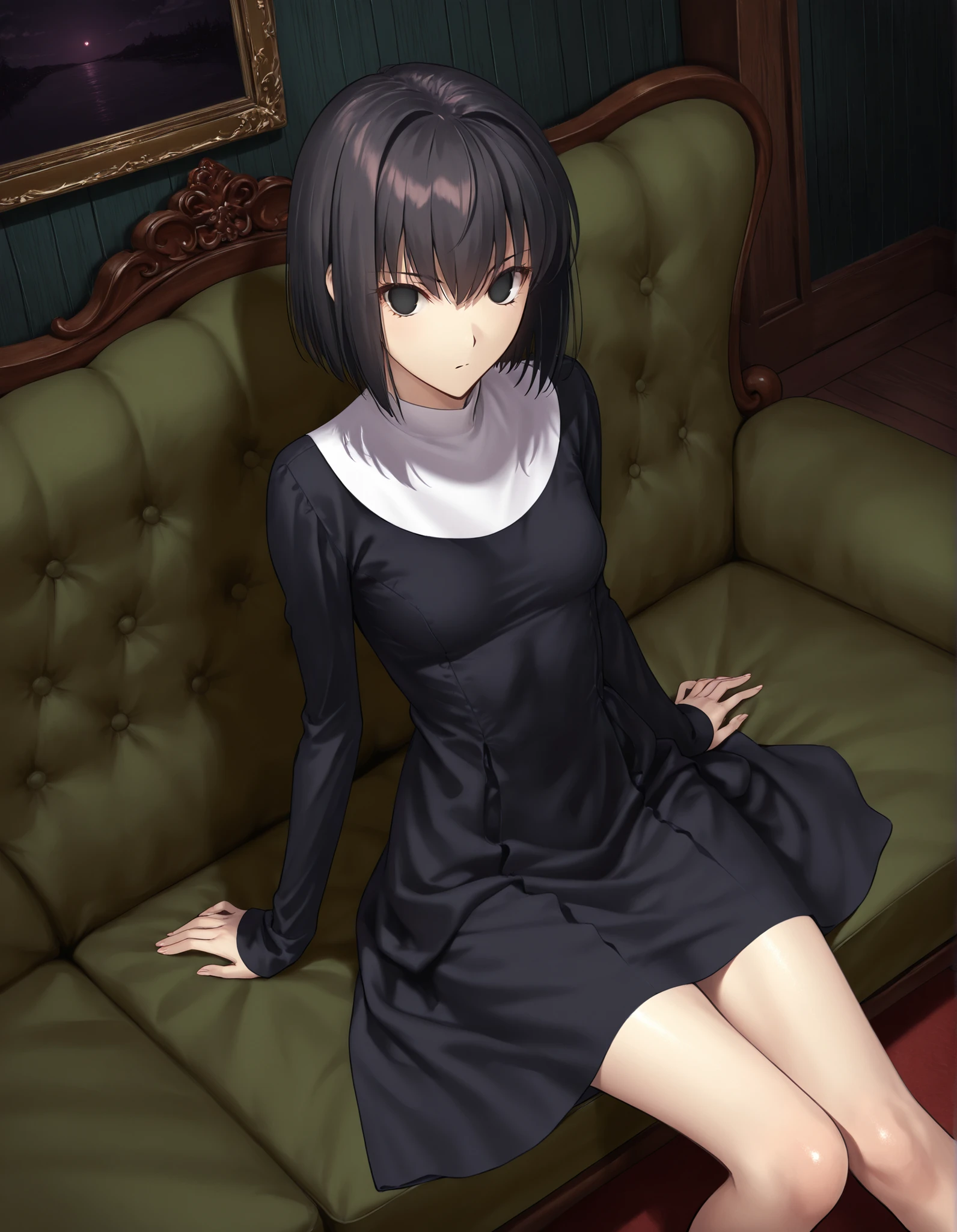 masterpiece, , absurdres, highres, detailed background, high resolution, masterpiece, necessary, detail, best quality, quality, necessary, details, High details, Precise, , indoors,(dark room, ), dutch angle ,from above ,(), ,
1girl, solo, (type-moon,) style, koyama hirokazu style, (aged up) ,() ,(), (sitting) ,dark green sofa,
tall girl, ,long arms,(slim body, ),alice kuonji, ,black nun dress, black hair, short hair, black eyes, turime , no pupils, (loose fit dress), ,looking at viewer, ,(very small breasts), , , silky skin ,