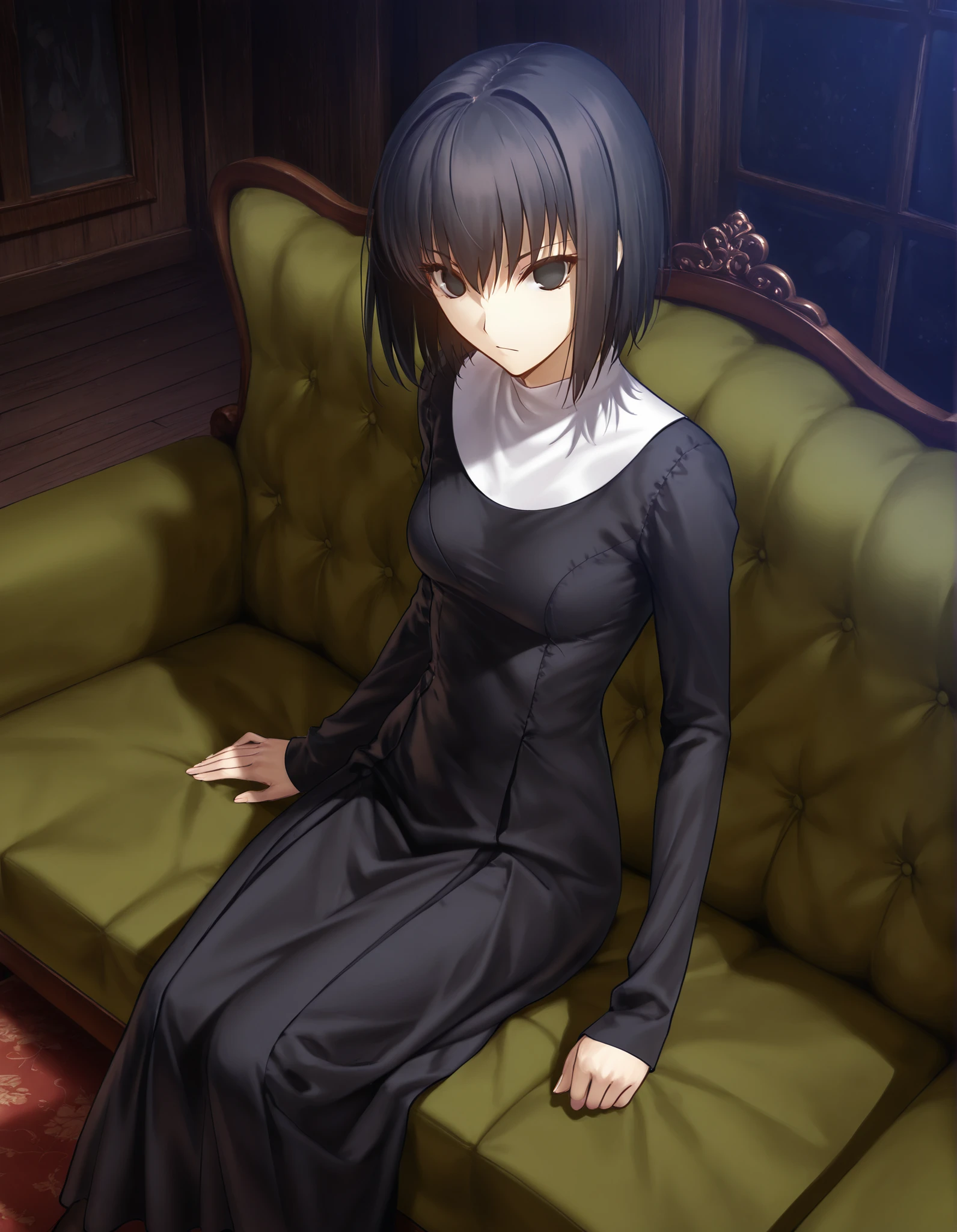 masterpiece, , absurdres, highres, detailed background, high resolution, masterpiece, necessary, detail, best quality, quality, necessary, details, High details, Precise, , indoors,(dark room, ), dutch angle ,from above ,(), ,
1girl, solo, (type-moon,) style, koyama hirokazu style, (aged up) ,() ,(), (sitting) ,dark green sofa,
tall girl, ,long arms,(slim body, ),alice kuonji, ,black nun dress, black hair, short hair, black eyes, turime , no pupils, long dress ,(loose fit dress), ,looking at viewer, ,(very small breasts), , , silky skin ,