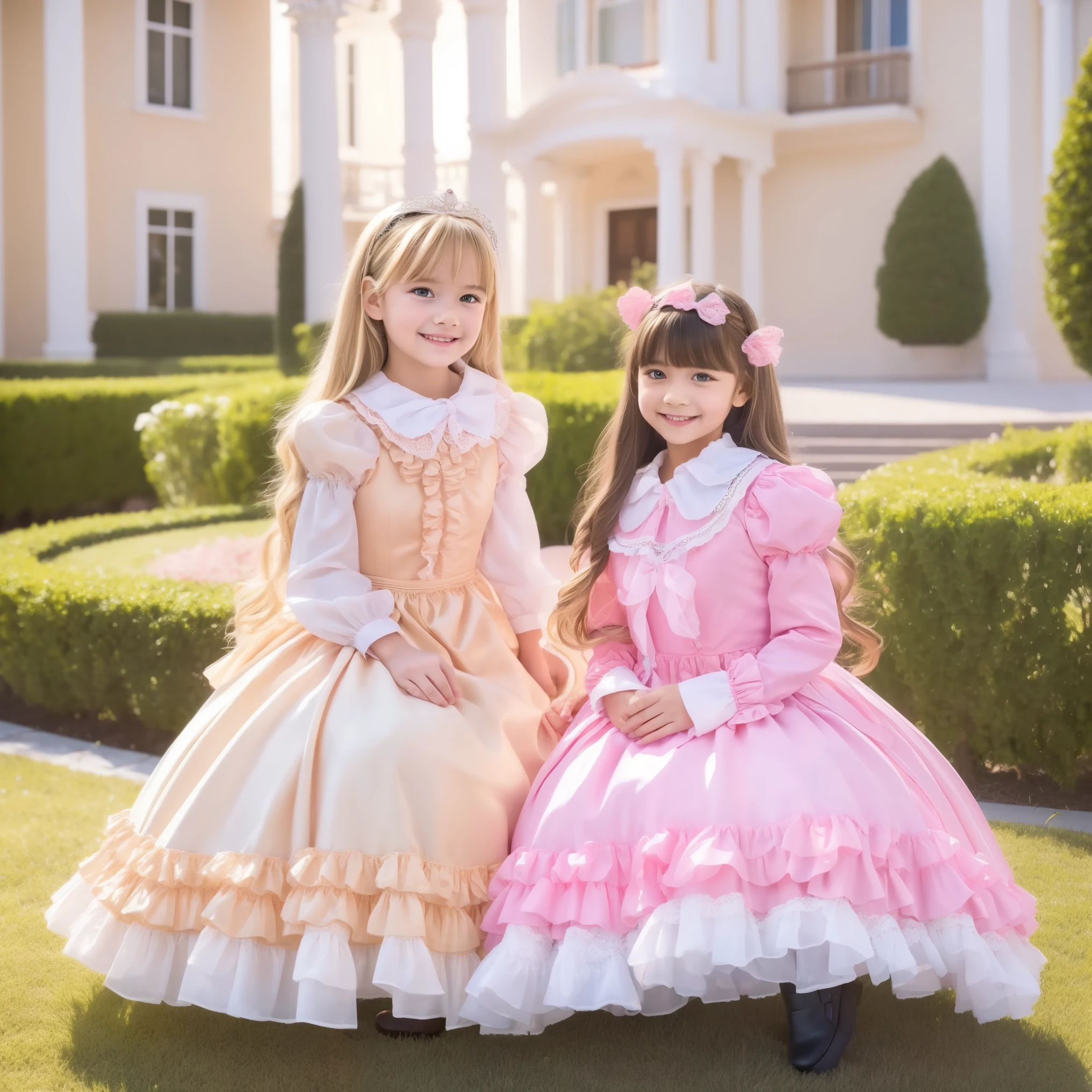 (( Distant Scenery,full body,standing:1.2)),Highest Quality, masterpiece, highest resolution, Artwork, super それにget used to it, many get used to it, get used to it, それにget used to it, 3k photos,,Three Ladies from a Noble Family,. ((10 year old European girl,blonde long hair:1.3)),Get used to the ultra-fine young face,lovely smile,baby-like face,ultra high res,  complicated details,  Back hair tied with ribbons,smile,A pastel-colored dress adorned in a cute way with ruffles and ribbons, （round large ruffle collar,bow tie,long sleeve, ruffle sleeve ,white ruffle blouse,Ruffle placket,Ruffles are cute ,medium skirt,short balloon skirt,frill skirt,Very elaborate costumes:1.3）Long Black Socks with Ruffles,black loafers,small breasts,,sitting across an indoor yoga ball, outdoor,detailed background,