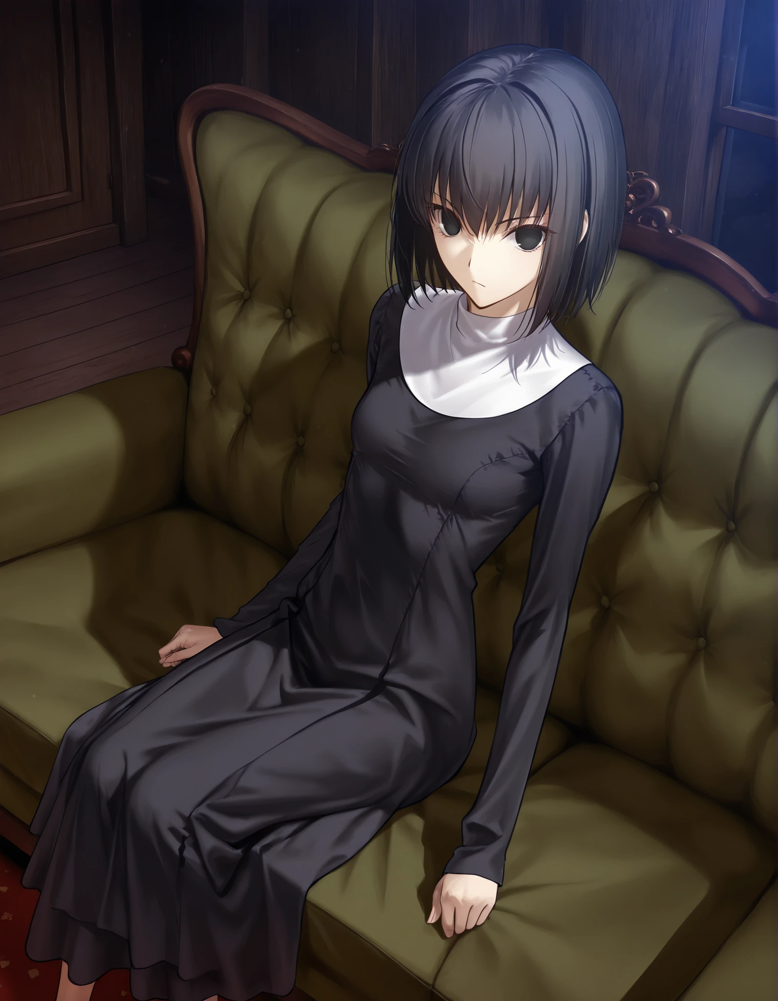 masterpiece, , absurdres, highres, detailed background, high resolution, masterpiece, necessary, detail, best quality, quality, necessary, details, High details, Precise, , indoors,(dark room, ), dutch angle ,from above ,(), ,
1girl, solo, (type-moon,) style, koyama hirokazu style, (aged up) ,() ,(), (sitting) ,dark green sofa,
tall girl, ,long arms,(slim body, ),alice kuonji, ,black nun dress, black hair, short hair, black eyes, turime , no pupils, long dress ,(loose fit dress), ,looking at viewer, ,(small breasts), flat chest , , silky skin ,