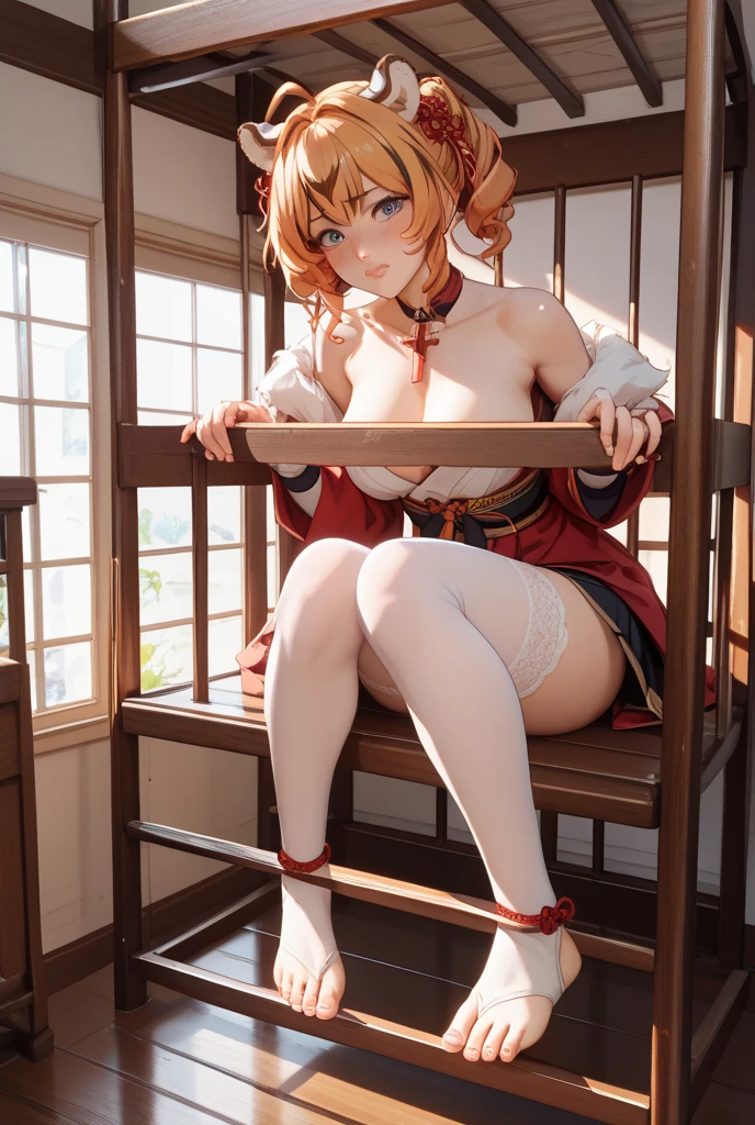 ((((Best Quality, 8K, 32K, masterpiece, 1.2)))),{{solo}},????,{{{Artist: EUPHORIA's style}}},((perfect beautiful face:1.2)),  slender body, ????,(tied to chair:1.3),bondage, bound, bound ??????????? legs,bound ???, bound wrists,bound ???, ?????? bondage, ???????, ?????? rope, red rope, restrained, rope, ???????, ??????? over clothes, ?????????????, thigh strap