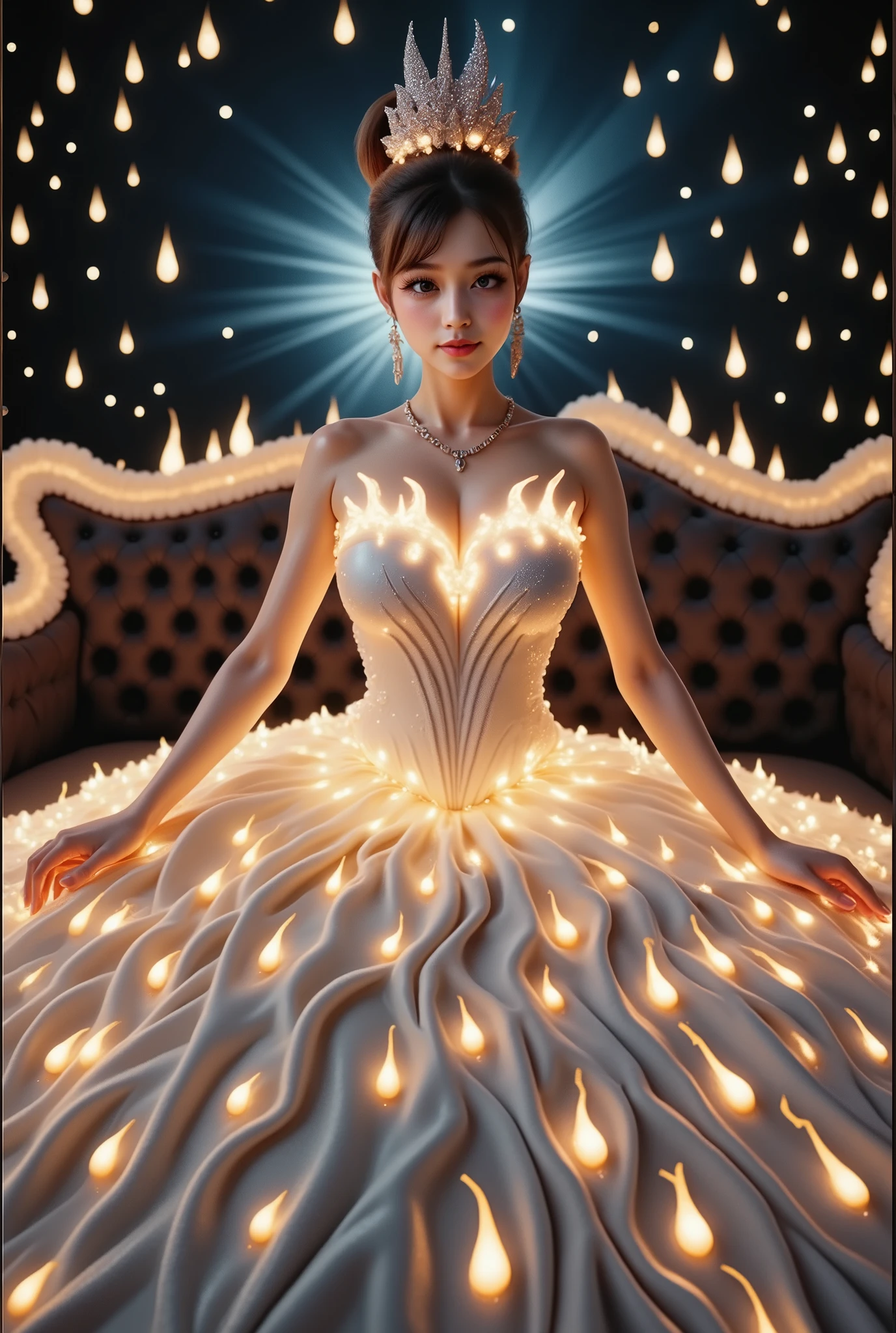 A beautiful Asian idol girl with white skin, douyin-style makeup face, eyelashes, With fake giant breasts, blue eyes, shiny body, wet body, wearing a tight strapless dress that presses the breasts, with a sexy and slim body, a small waist, flame dress, Shiny clothing, metalic stell clothing, sitting in space, UHD, luxurious dress, a dress decorated with pearls, diamonds, jewels, and flowers, a dress emitting light, the most elegant and extraordinary dress, a fantasy dress, a beautiful digital artwork, a beautiful fantasy empress, wearing a strapless dress made of beads and carbon fiber, a photo with very sharp details, the best quality: 1.2),, (8k, high resolution, RAW photo, realistic, photo-realistic: 1.3), (detailed skin texture, detailed fabric texture, detailed element texture, exquisite detailed face: 1.25), professional lighting, photon mapping, beautiful soft light, radiosity, physically based rendering, raytracing, model shooting style, model shooting style, (highly detailed 8k unity CG Wallpaper), the most beautiful artwork in the world. (Body Navel) (chest push up) (nipple).