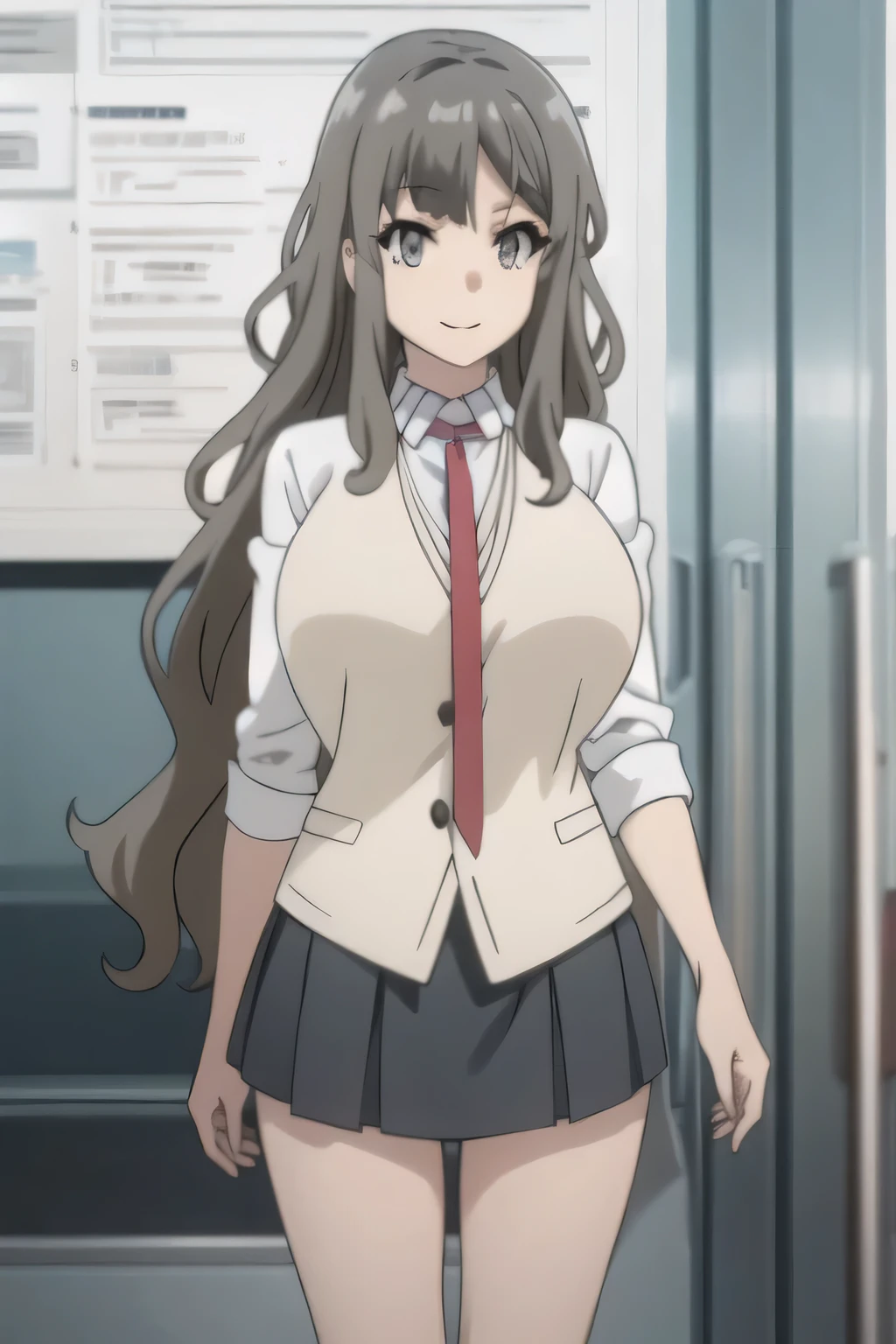 woman with long hair waves,Smile Yan,college student with huge breasts,skirt,boots,晴天の公園の噴水前にaloneでいます,I'm looking clearly,standing in the teacher's house,alone,anatomically accurate hand and leg details,Official anime CG,Slender Even with Colossal Breasts,Beautiful legs,Splendid Thighs,Face trimming prohibited,can you draw sharp and focused on the face,