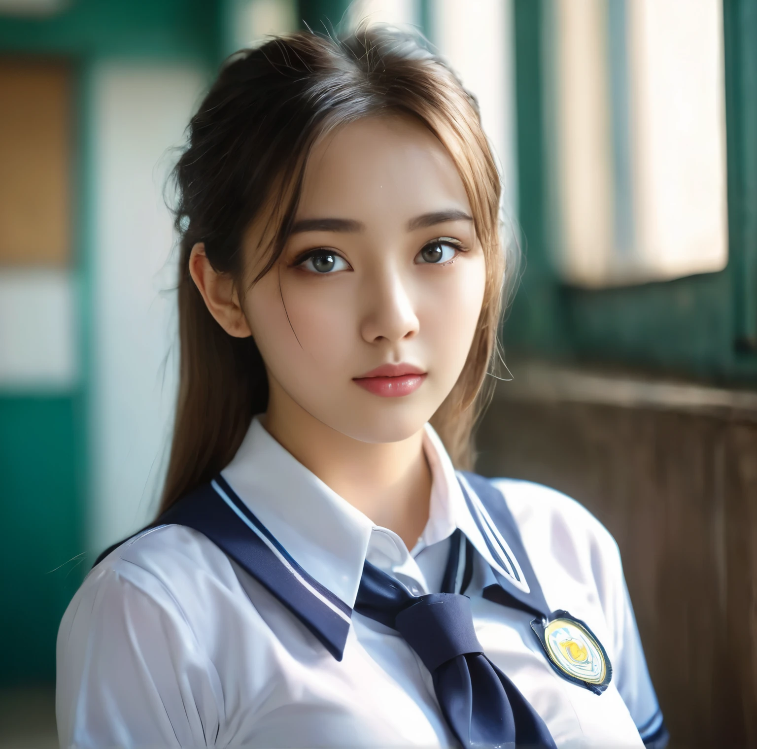 8K quality, Picture, A girl in a girls' high school uniform, (Beautiful eyes are big and the highlights shine a lot), (The woman's breasts are in a high position and have round big breasts), Backlight, 
