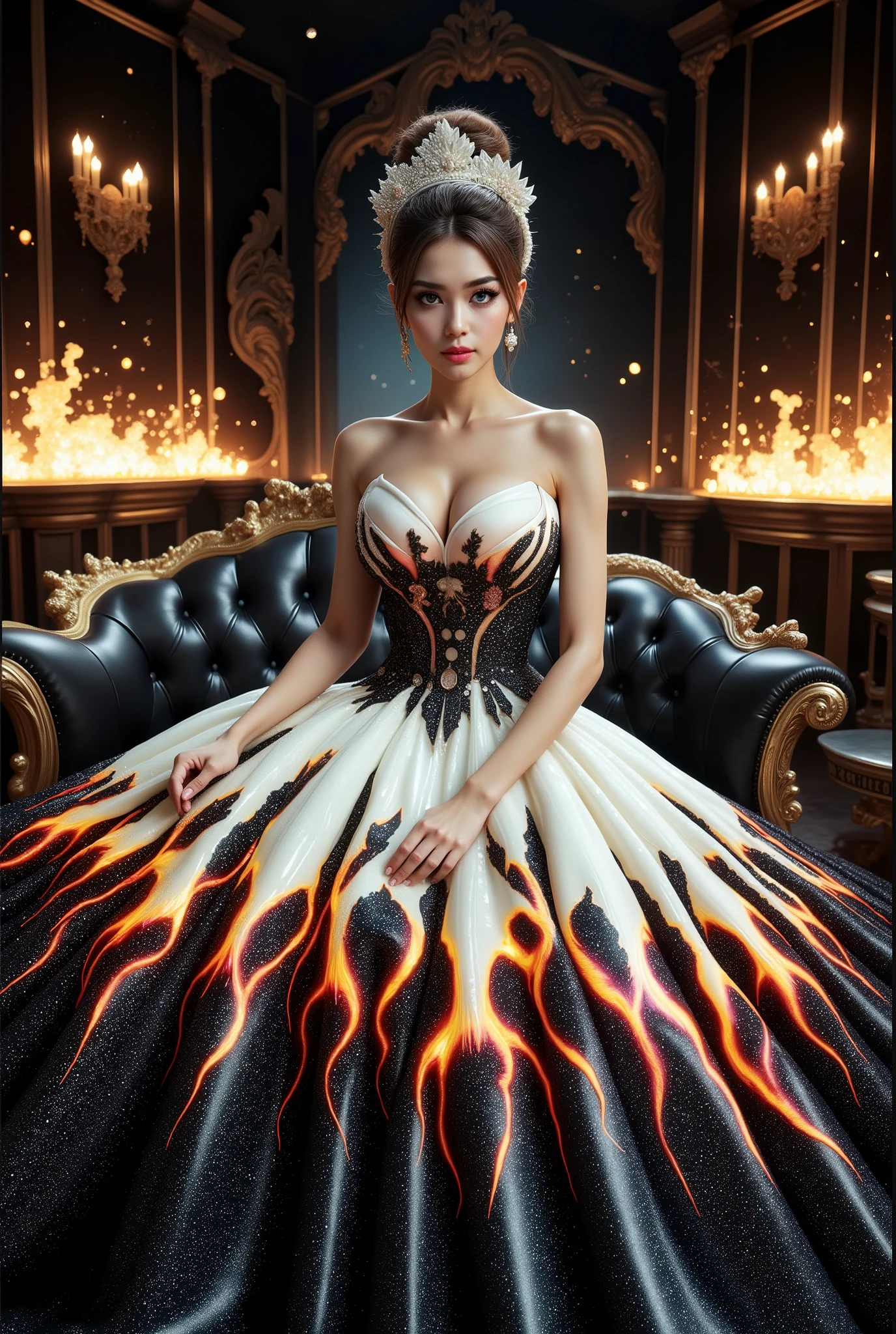 A beautiful Asian idol girl with white skin, douyin-style makeup face, eyelashes, With fake giant breasts, blue eyes, shiny body, wet body, wearing a tight strapless dress that presses the breasts, with a sexy and slim body, a small waist, flame dress, Shiny clothing, metalic stell clothing, sitting in space, UHD, luxurious dress, a dress decorated with pearls, diamonds, jewels, and flowers, a dress emitting light, the most elegant and extraordinary dress, a fantasy dress, a beautiful digital artwork, a beautiful fantasy empress, wearing a strapless dress made of beads and carbon fiber, a photo with very sharp details, the best quality: 1.2),, (8k, high resolution, RAW photo, realistic, photo-realistic: 1.3), (detailed skin texture, detailed fabric texture, detailed element texture, exquisite detailed face: 1.25), professional lighting, photon mapping, beautiful soft light, radiosity, physically based rendering, raytracing, model shooting style, model shooting style, (highly detailed 8k unity CG Wallpaper), the most beautiful artwork in the world. (Body Navel) (chest push up) (nipple).