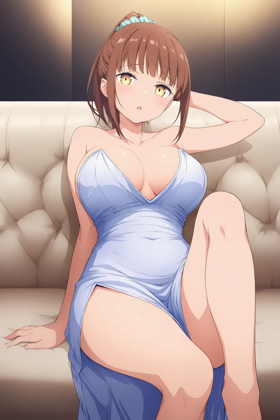 masterpiece,best quality,amazing quality, 1girl, large_breasts, mature_female, solo, open_eyes, Sitting with knees bent, one hand on the floor, rotated, Rose plaid skirt, twin drills, brown_eyes, mohican, salt-and-pepper hair, changing room, cropped_shoulders, <lora:Illustrous\yoongonji_IL:0.9>