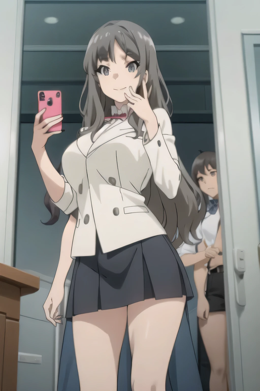 Woman with long hair waving,Smile Yang,Big breasted college student,skirt,boots,face trimming is prohibited, clearly,is。,Alone,can I focus on the face and draw sharper,Official anime CG,slender big breasts,Beautiful legs,amazing thighs taking selfies in the mirror ,anatomically accurate hand and leg details,can you focus on her face and draw sharply,from below,ミニskirtから黒いパンティが clearly,Splendid Thighs,Beautiful legs,boots,standing in the teacher's house,Can you draw even bigger breasts,Anime CG,
