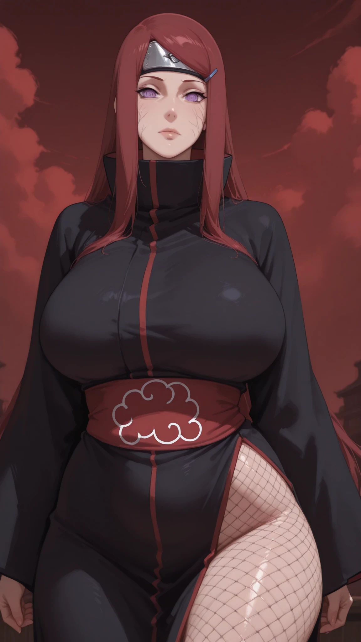 1girl, solo, beautiful girl, UHD, masterpiece, (anatomically correct), textured skin, super detail, high details, high quality, best quality, HD, 8k
Uzumaki Kushina_\(naruto\), red hair, long hair, side swept bangs, sidelocks, hair strand, blue hairpin, milf, mature female, motherly, mom, (akatsuki uniform), black robe, long robe, flowing sleeves, long sleeves, red cloud print, big breasts, huge hips, curvy, cowboy shot, look at viewer, Rinnegan_\(naruto\), ninja, Forehead protection, poker-faced, fishnets top, Rinnegan-IL.V1.0, Purple eyes, circled eyes, ringed eyes, akatsuki_uniform, long jacket, cloak, high collar