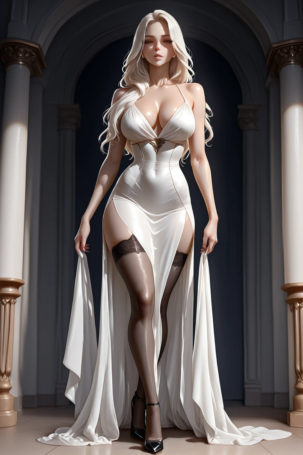 White woman、Silver Hair、Straight Hair、long hair、Sexy proportions、Big Breasts、Cleavage Emphasis、Wear a mini-length dress with strap shoulders、The dress is silver、Wear stiletto heels、smile、Marble floor、Inside the majestic building、Place your hands on your hips、Cowboy Shot