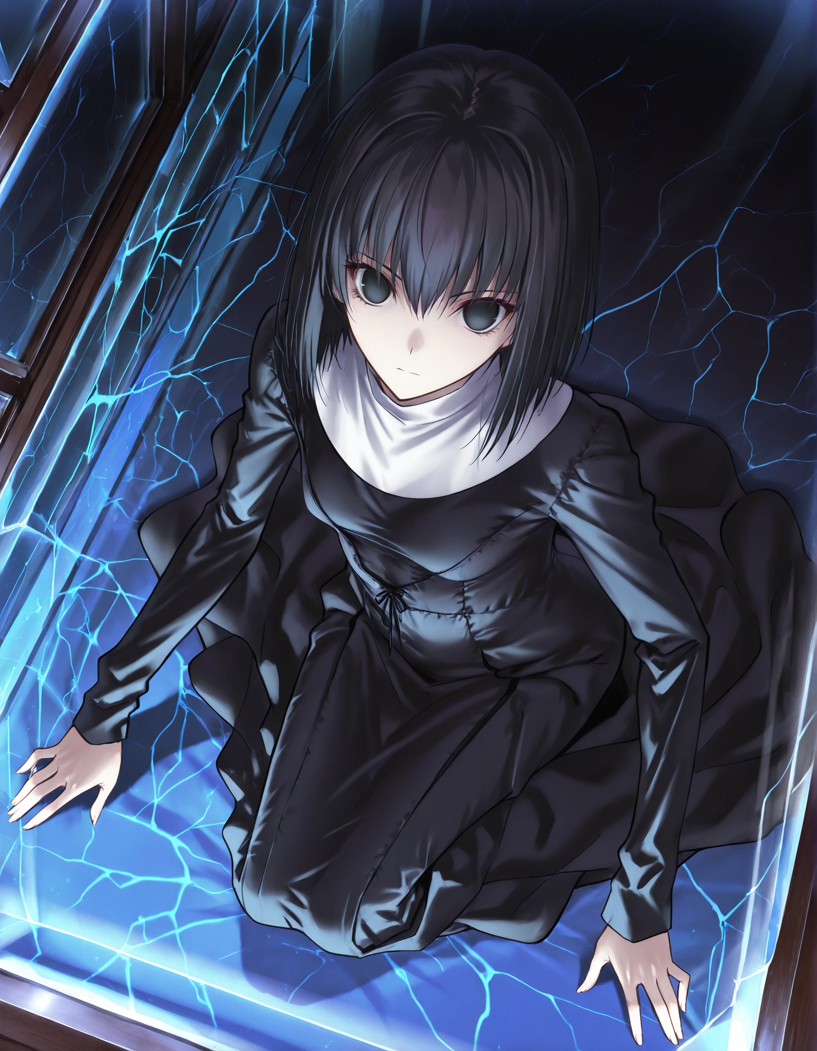 masterpiece, , absurdres, highres, detailed background, high resolution, masterpiece, necessary, detail, best quality, quality, necessary, details, High details, Precise, , indoors,((dark, glass room)), dutch angle ,from above ,(midnight), ,
1girl, solo, (type-moon,) style, koyama hirokazu style, (aged up) ,() ,(), (kneeling) ,,
tall girl, ,long arms,(slim body, ),alice kuonji, ,black nun dress, black hair, short hair, black eyes, turime , no pupils, long dress ,(loose fit dress), ,looking at viewer, ,(small breasts), flat chest , , silky skin ,