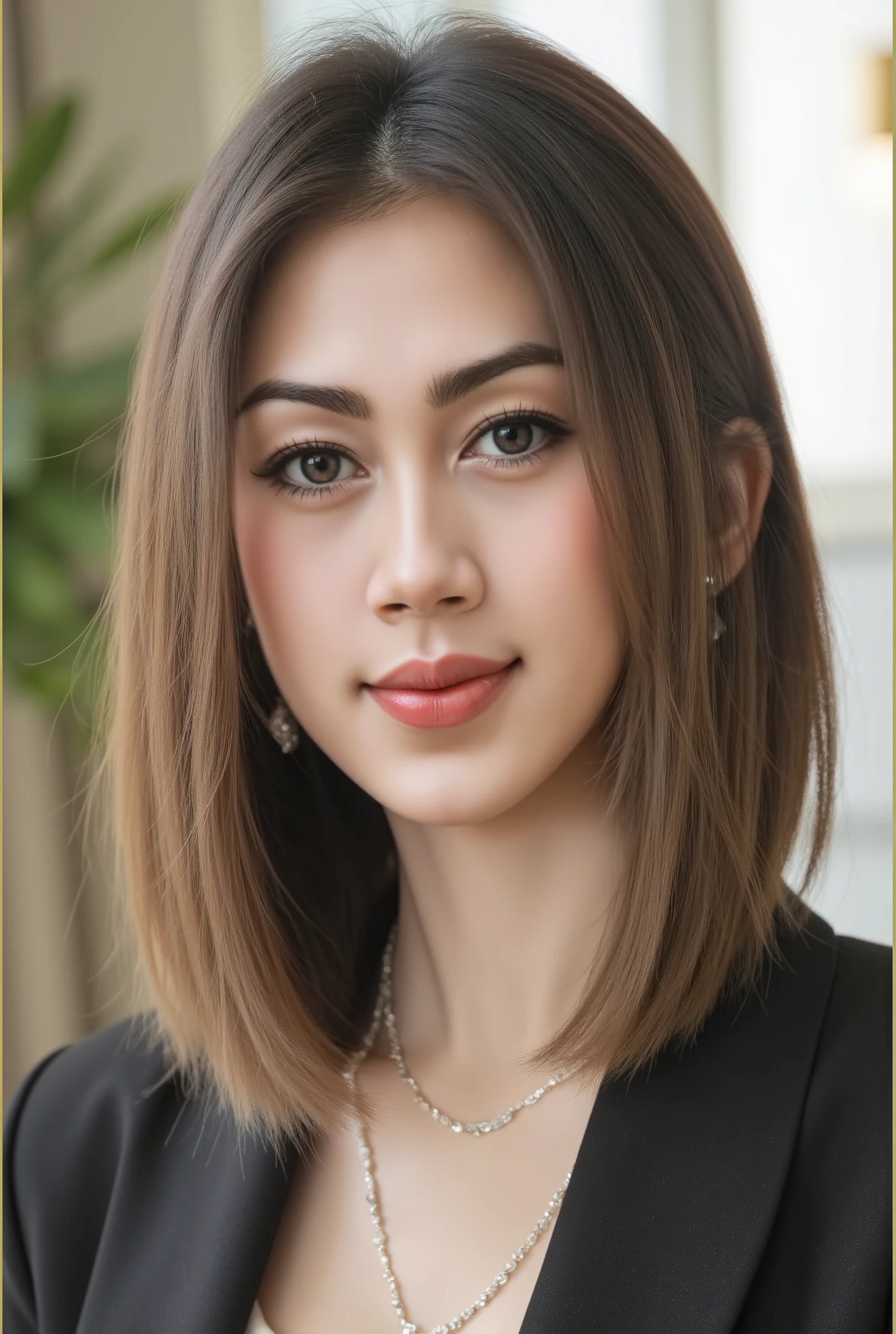 Happy vibes beauty smile korean woman tied messy bun hair with bangs taking selfie on the bedroom . She is wearing earings and necklace . She have Huge breast wearing white dress